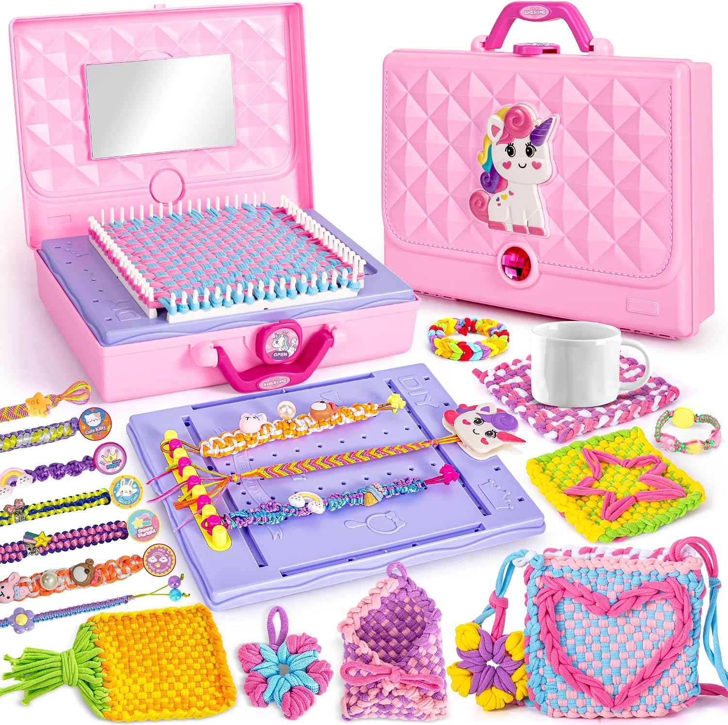 Nicella 2 in 1 Friendship Bracelet Making Kit for Girls,Weaving Loom Kit Toys, Craft Kits for Kids,Age 6-12 Year Old Girls Gifts Ideas, Bracelet & Coaster & Bag Weaving Making kit