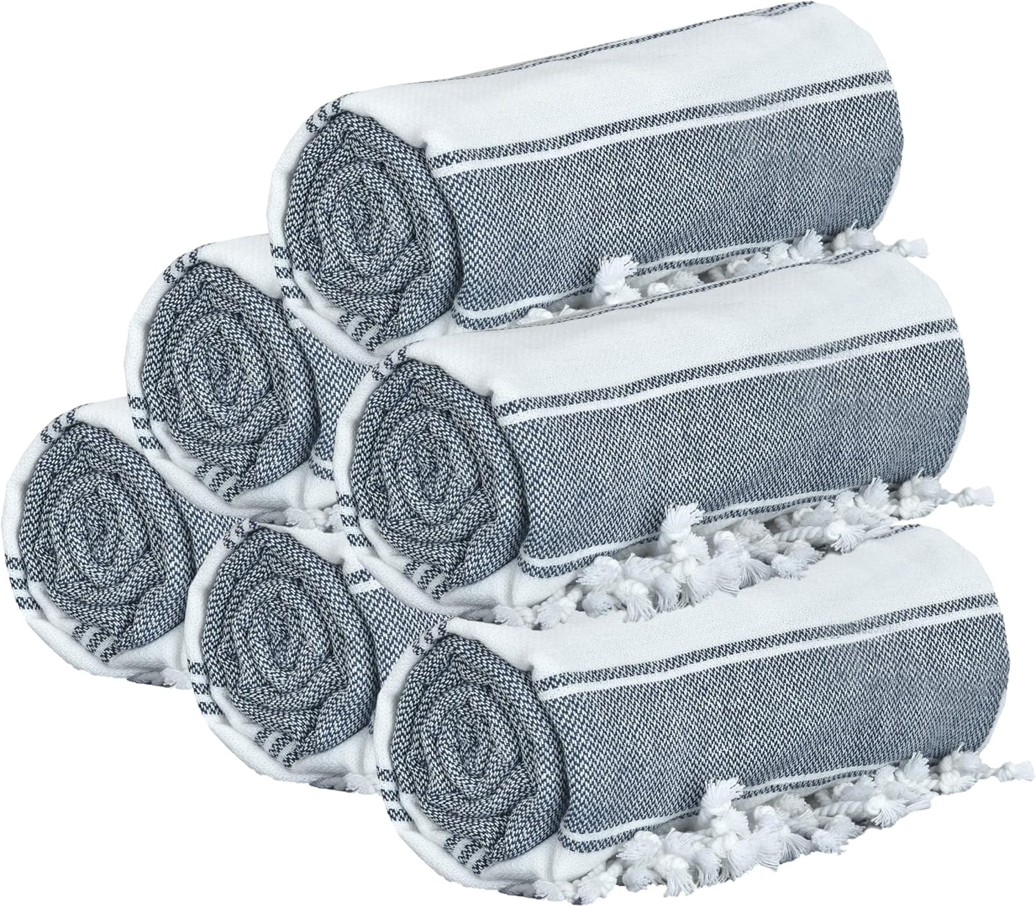 GLAMBURG Peshtemal Turkish Beach Towel Cotton Oversized 36x71 Set of 6 for Adults, Soft Durable Absorbent Extra Large Hammam Bath Sheet - Navy Blue