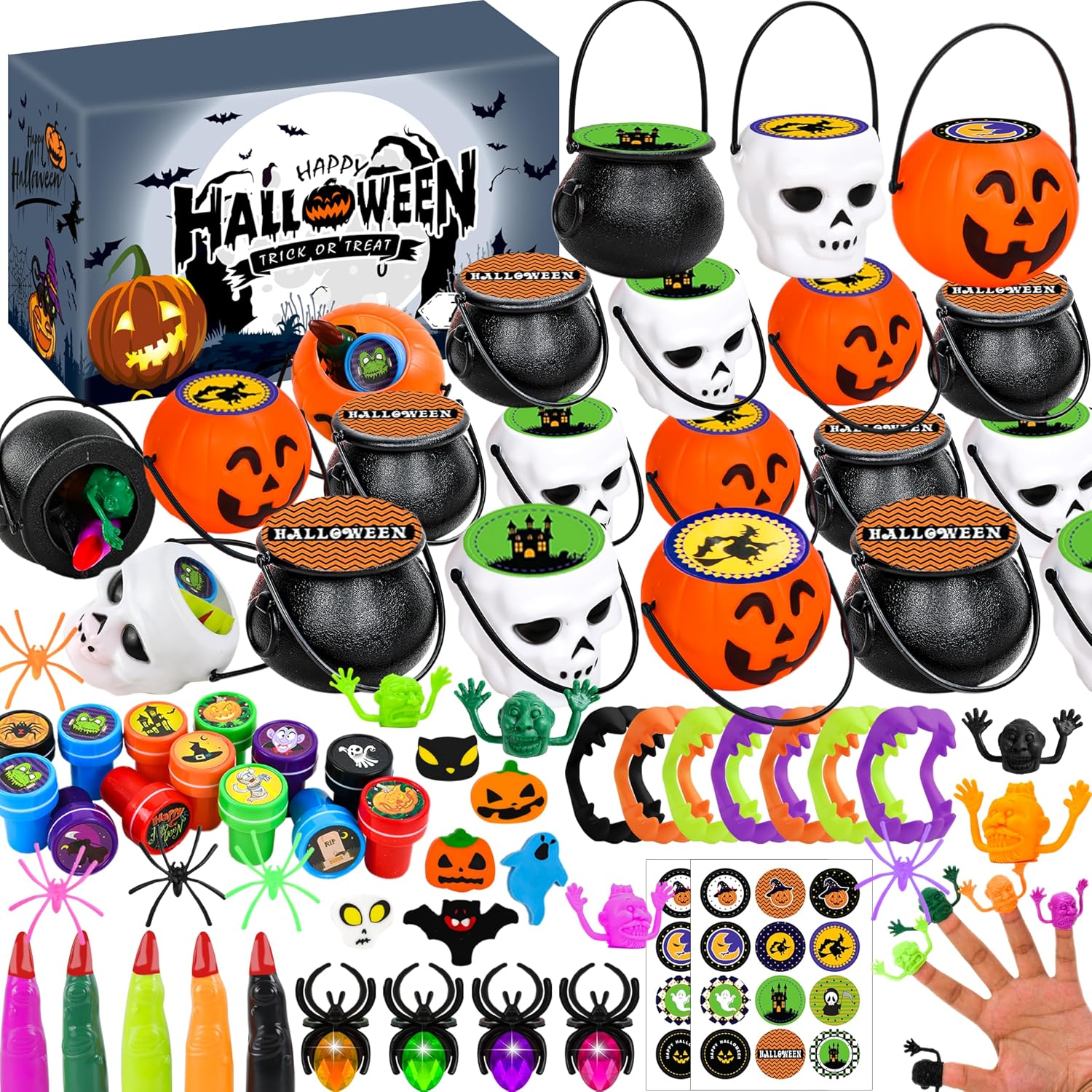 216 Pcs Halloween Party Favors Prefilled Witch Cauldron Pumpkin Bucket Skull Halloween Bucket, Halloween Toys Novelty Prizes Bulk Party Favors Supplies Treats for kids