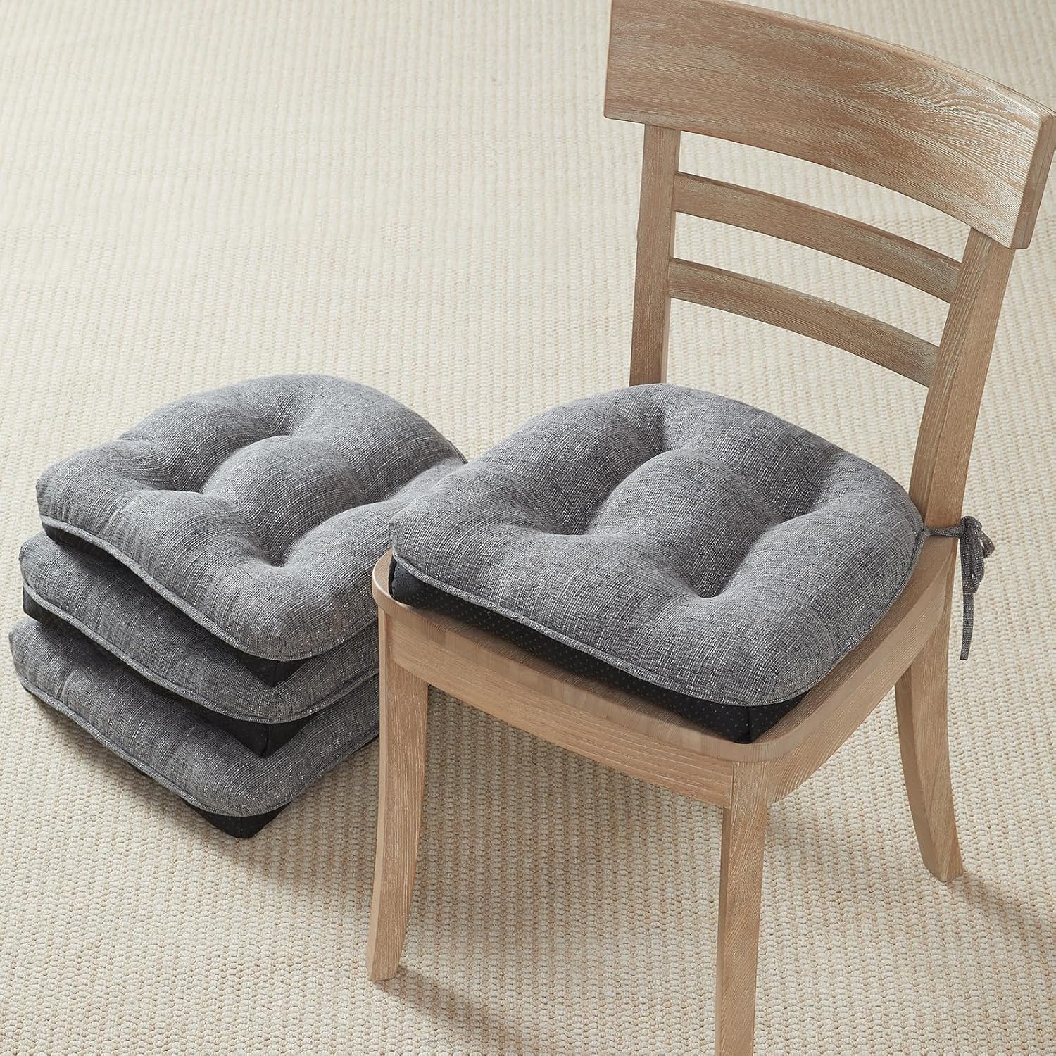 Quilmfoam 15.5"x15.5" Kitchen Chair Cushions Set of 4 for Dining Chair, Soft Tufted Non-Slip Memory Foam Seat Cushion with Ties for Indoor Kitchen Dining Furniture, Dark Grey