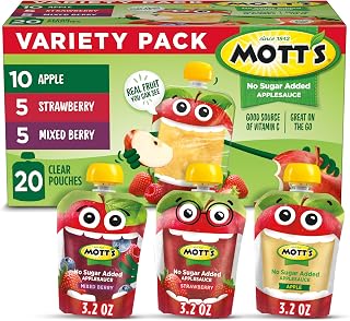 Mott's No Sugar Added Applesauce Variety Pack, 3.2 oz clear pouches, 20 pack, Made From Real Fruit, Good Source of Vitamin C, On-the-Go