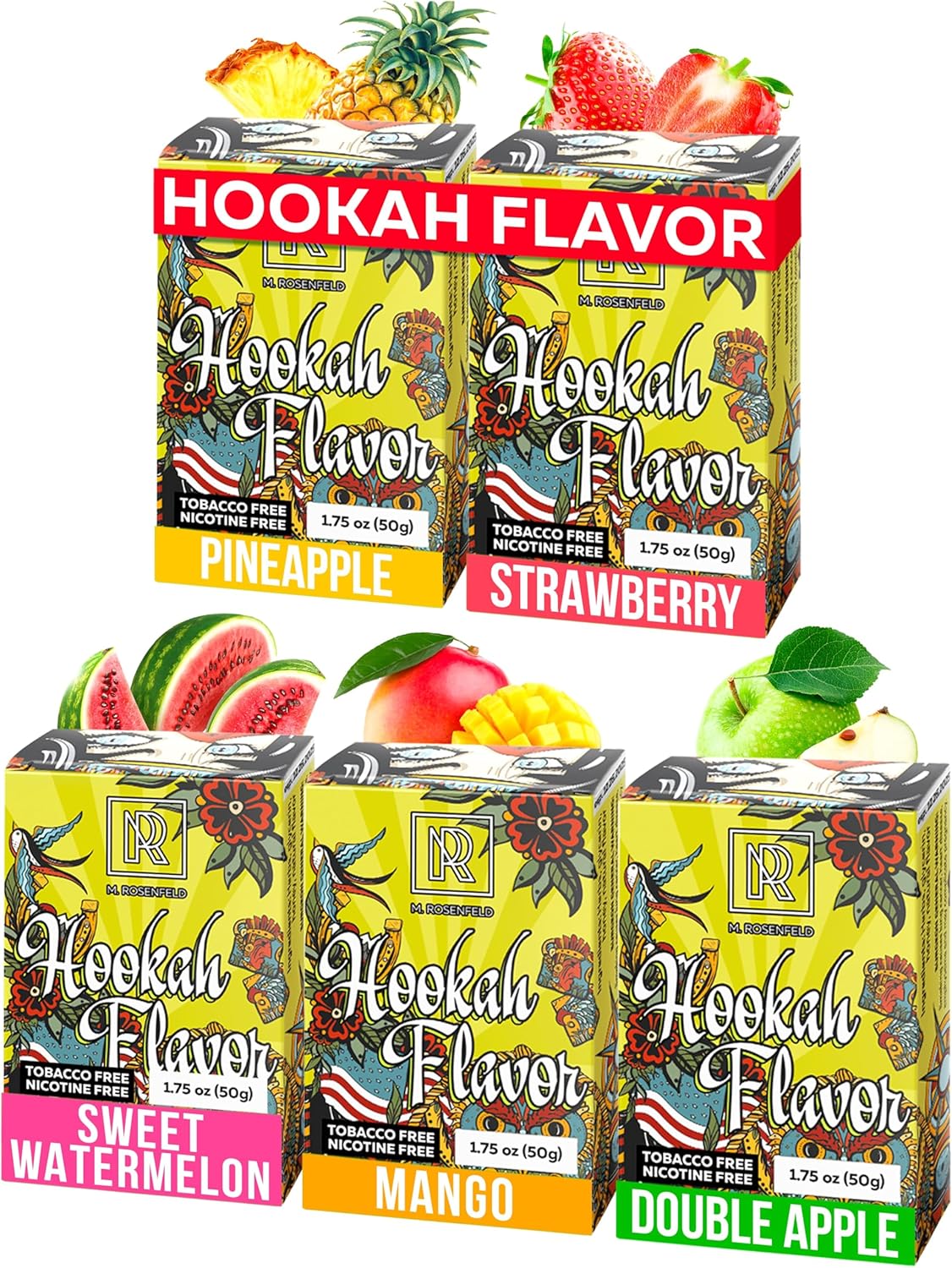 Pleasure Flavor Hookah Flavors Set - 5 x 1.76 oz Non Tobacco Hooka Flavor for your Bowl (Sweet Watermelon - Double apple - Mango - Pineapple - Strawberry) Hookah Bundle Pack of 5 - Try these Tobacco Free Shisha