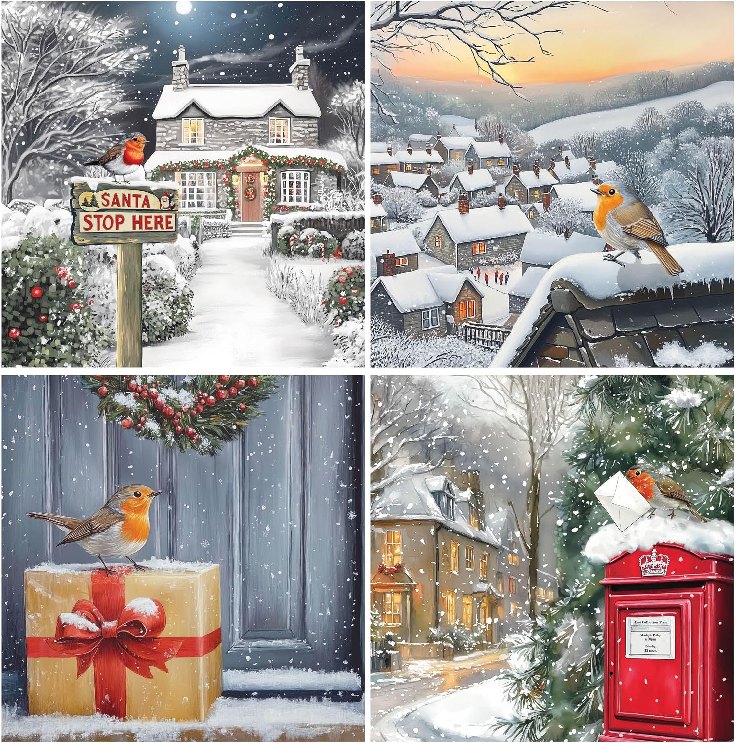 Charity Christmas Cards Pack of 24. Each Christmas Card multipack has 4 different Robin themed designs. Ecofriendly and UK made. Verse Inside. 150x150mm card size.