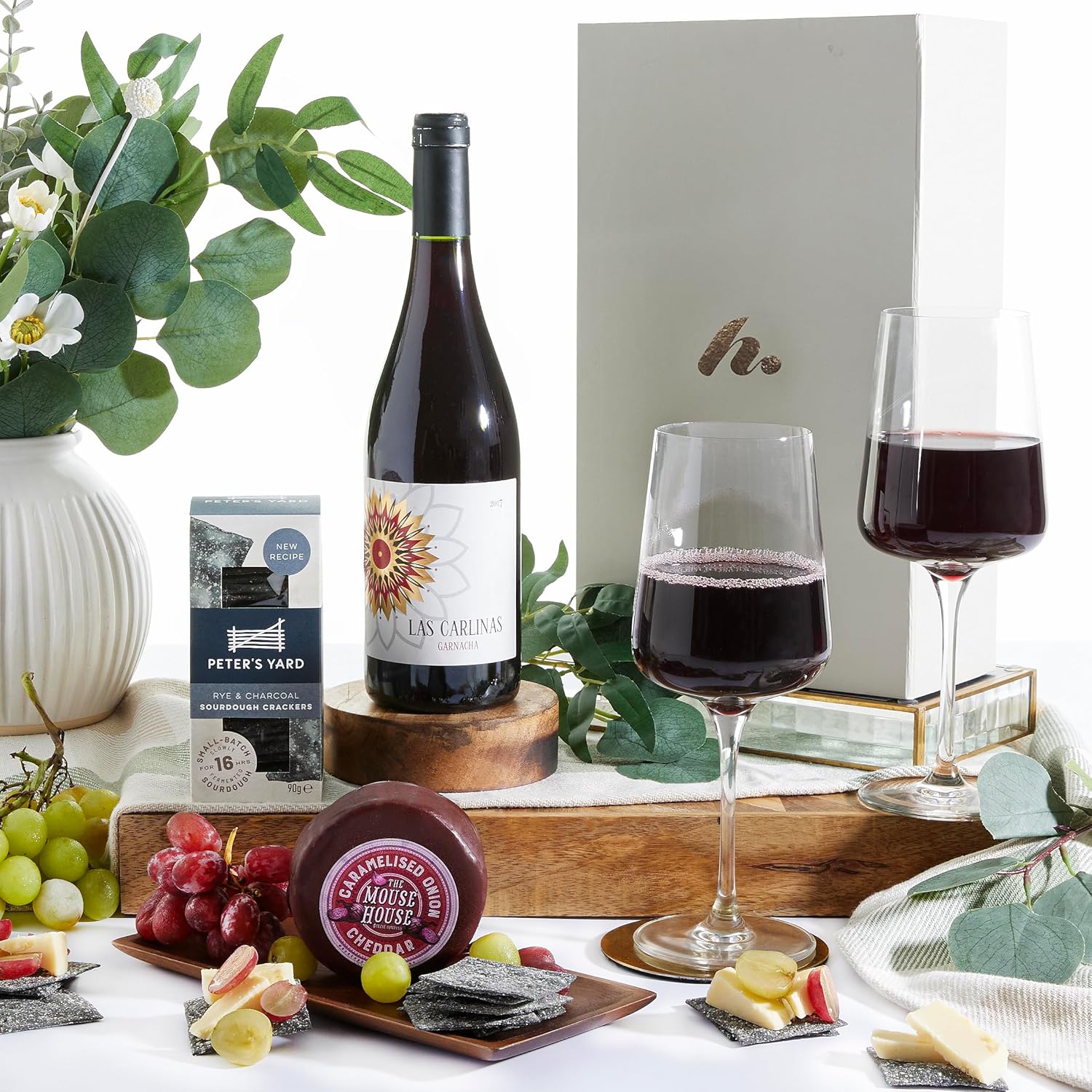 Finest Red Wine & Cheese Hamper Gift Set | Spanish Garnacha Red Wine, Artisan Cheese, Black Pepper Sourdough Crackers | Food Hampers & Gourmet Gifts for Men & Women | By Clearwater Hampers