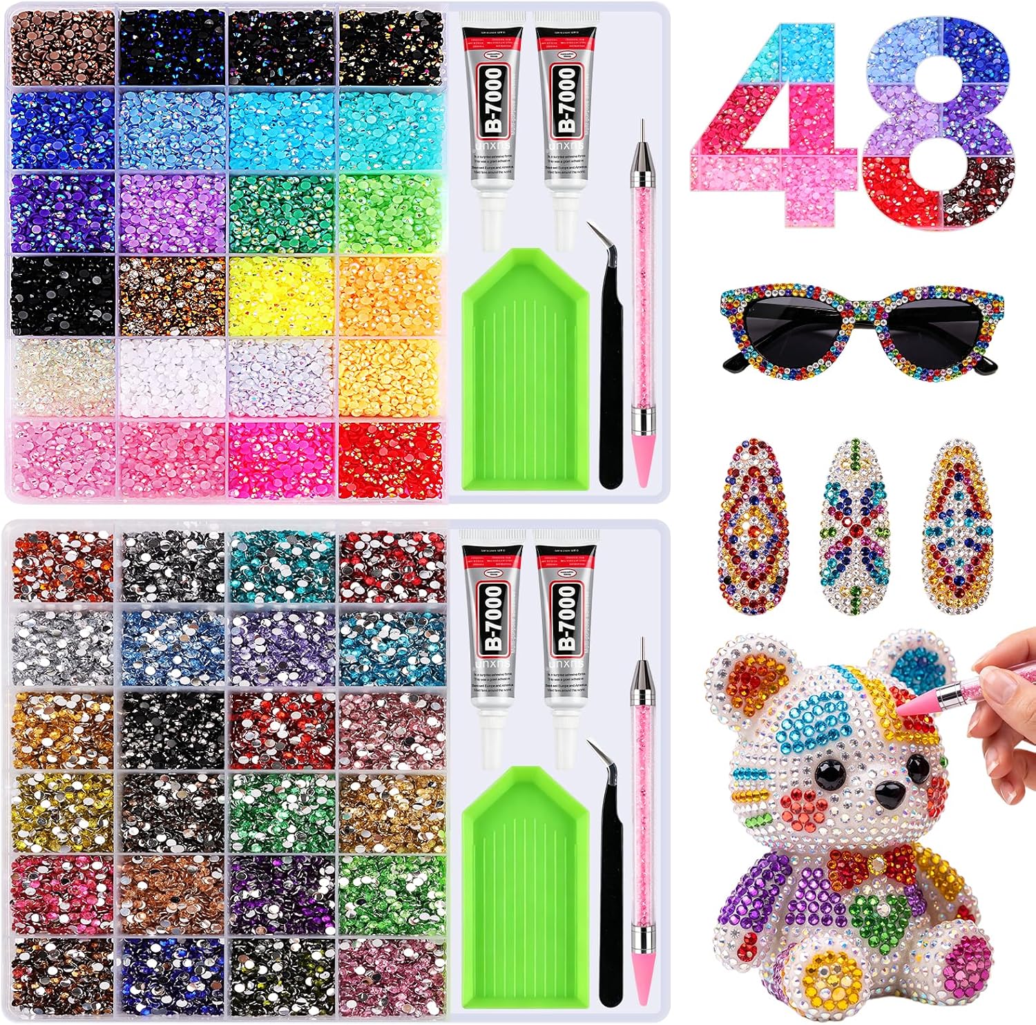 65000Pcs Nail Art Rhinestones Kit, 48 Colours Gems with Storage Compartment