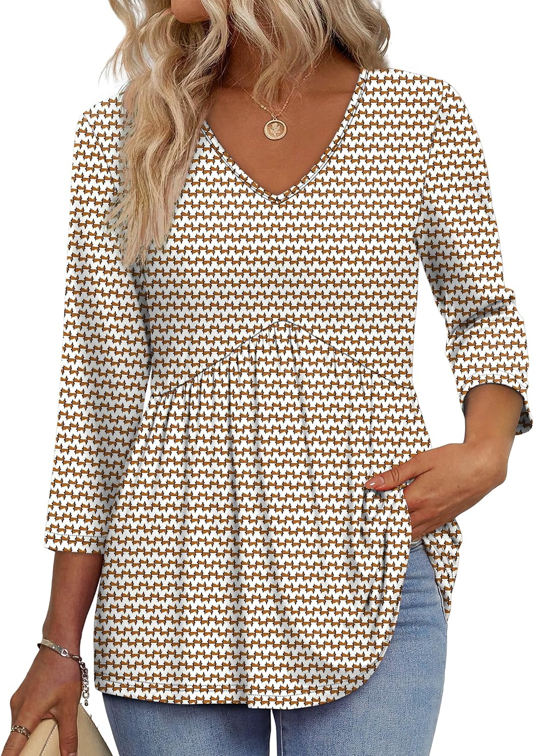 3/4 Length Sleeve Womens Tops 2025 Blouses for Women Dressy Casual Fashion Clothing V Neck Babydoll Tops Fall Outfits