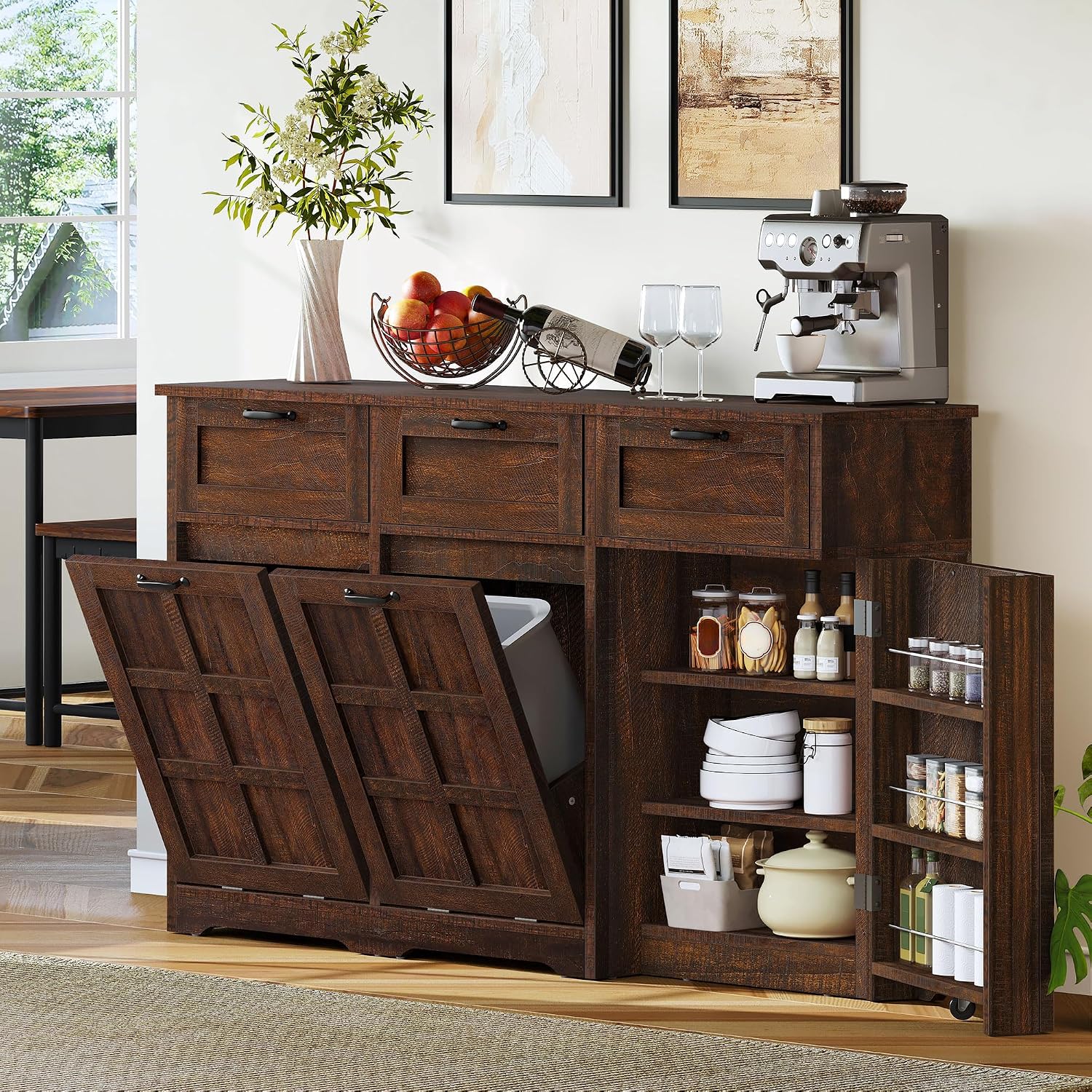 DWVO Double Tilt Out Trash Cabinet, 20 Gallon Laundry Hamper Cabinet with 3 Drawers and Adjustable Shelves, Hidden Trash Can Cabinets for Kitchen, Living Room, Brown Oak