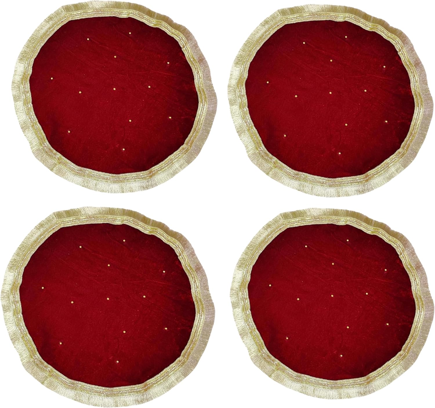 Navti Creations Combo of 4 Round Velvet THAALPOSH/Puja aasan/Prasad Thali Cover/Temple Cloth with moti Work for Diwali, Navratri, karwa chauth and Various Puja Rituals 18 inches (Maroon)