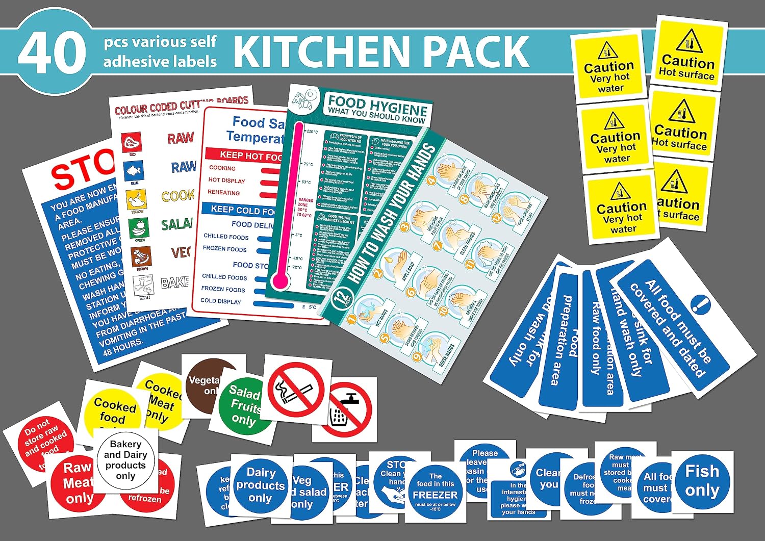 Kitchen safety signs Pack of 40 - Various sizes Self adhesive stickers