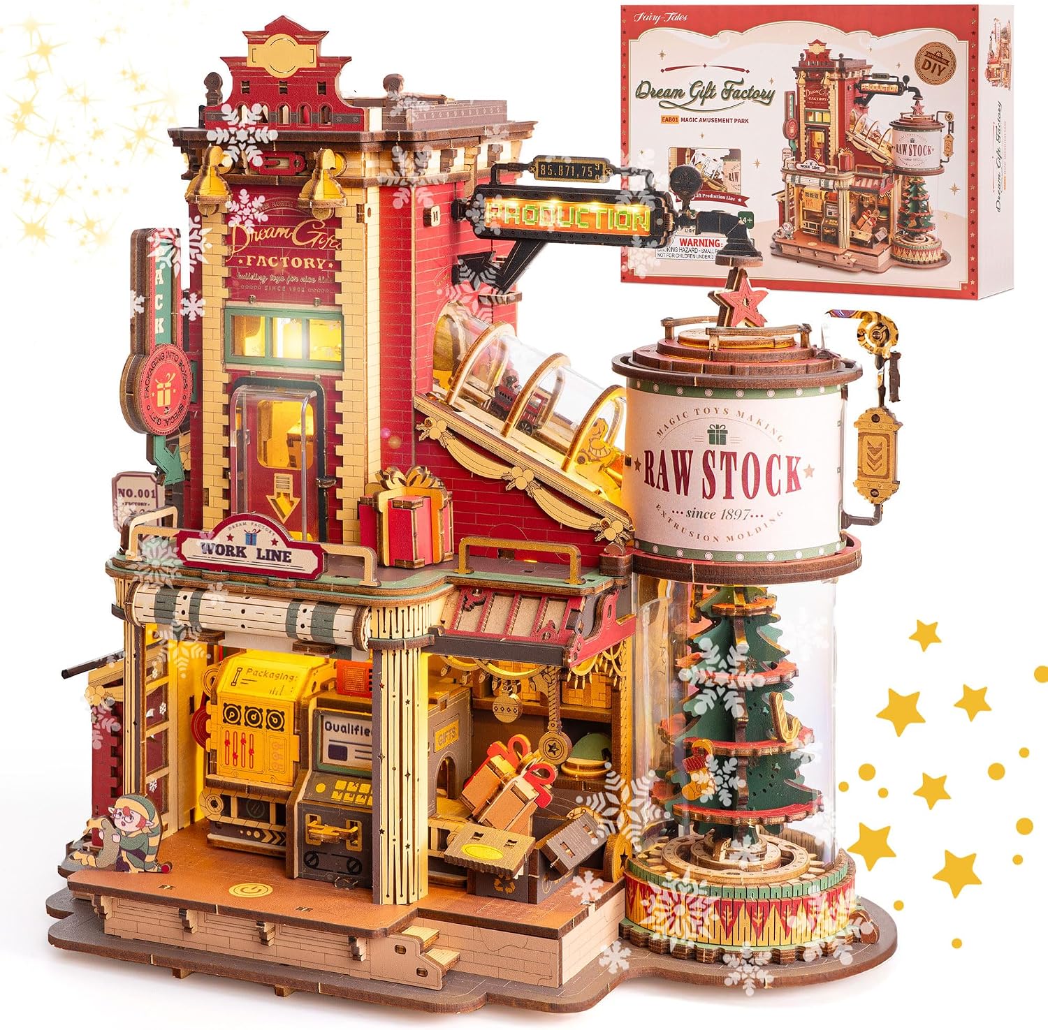 ROBOTIME 3D Puzzle Wooden Model Kits for Adults to Build - Retro Vintage Toy Production Construction Craft Kit, Model Building with Music, Lights and 5 Elves for Kids，Gift Factory EAB01
