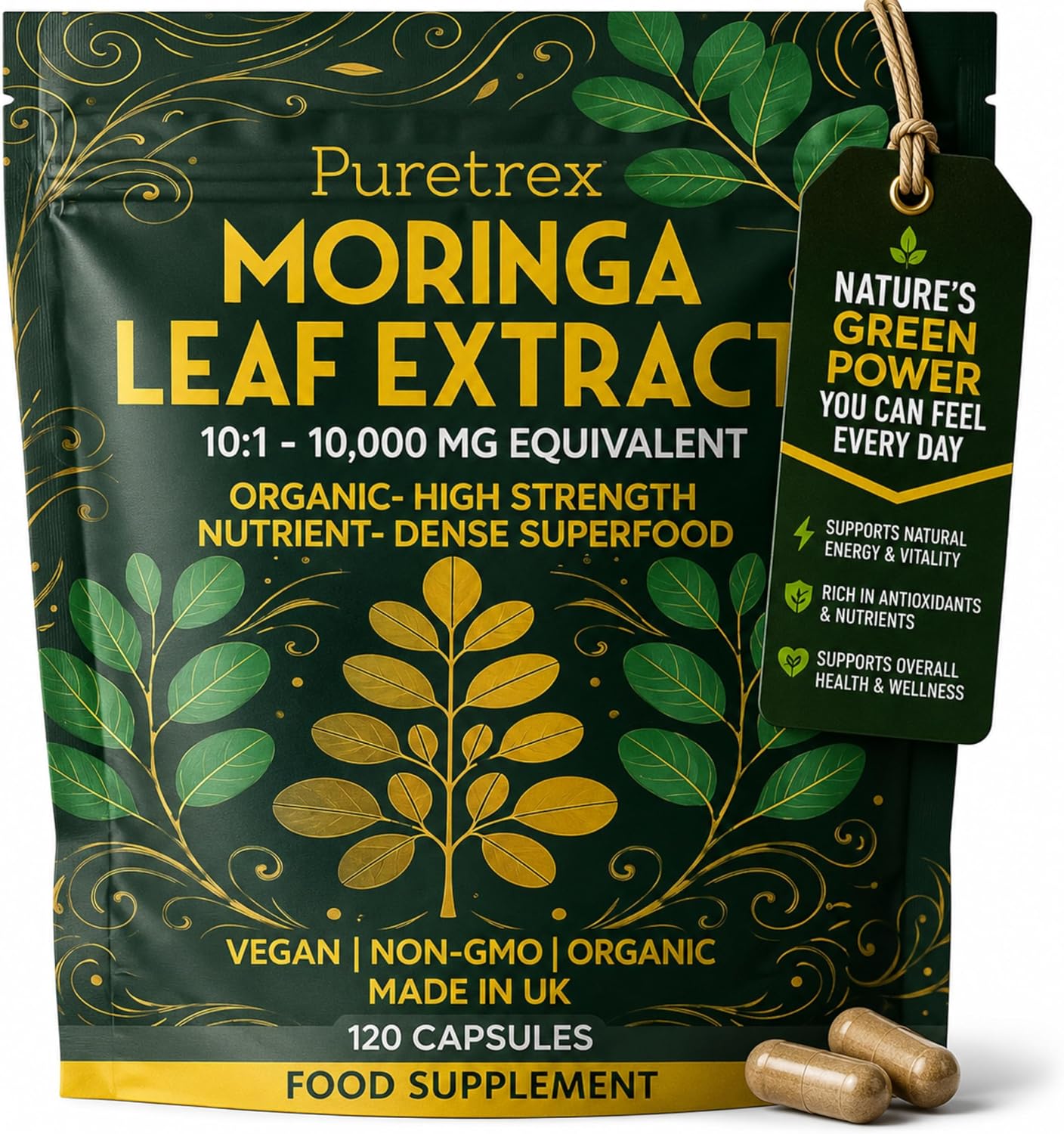 Puretrex Moringa Leaf Extract Capsules 10,000mg Equivalent 10:1, 120 Count, High Strength Organic Moringa Oleifera, BioPerine Black Pepper, Natural Energy Immunity Vitality Support, Vegan, Made in UK