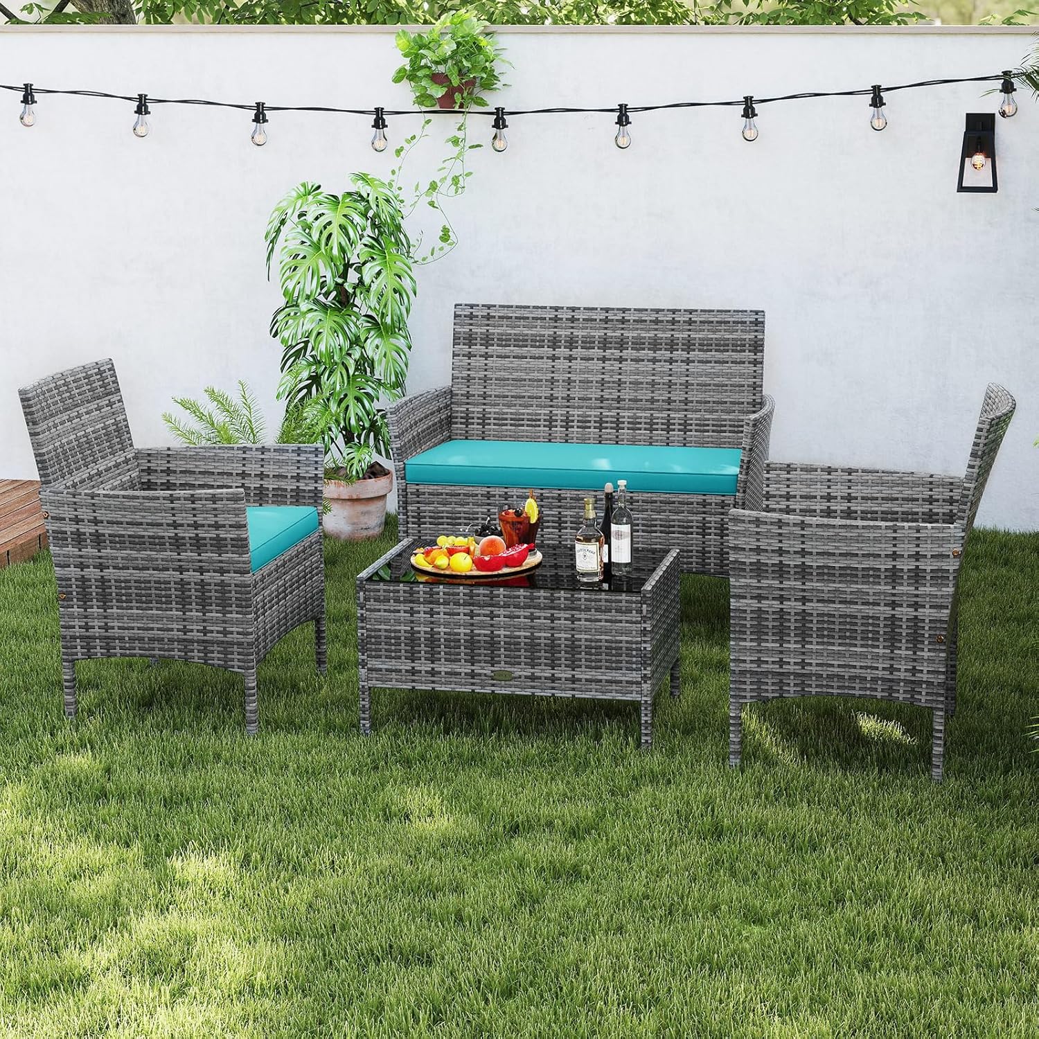 ORALNER 4 Pieces Patio Furniture Set, Outdoor Wicker Conversation Set, Rattan Chairs Loveseat with Soft Cushion and Glass Table for Balcony Porch Backyard Garden Poolside (1, Turquoise)