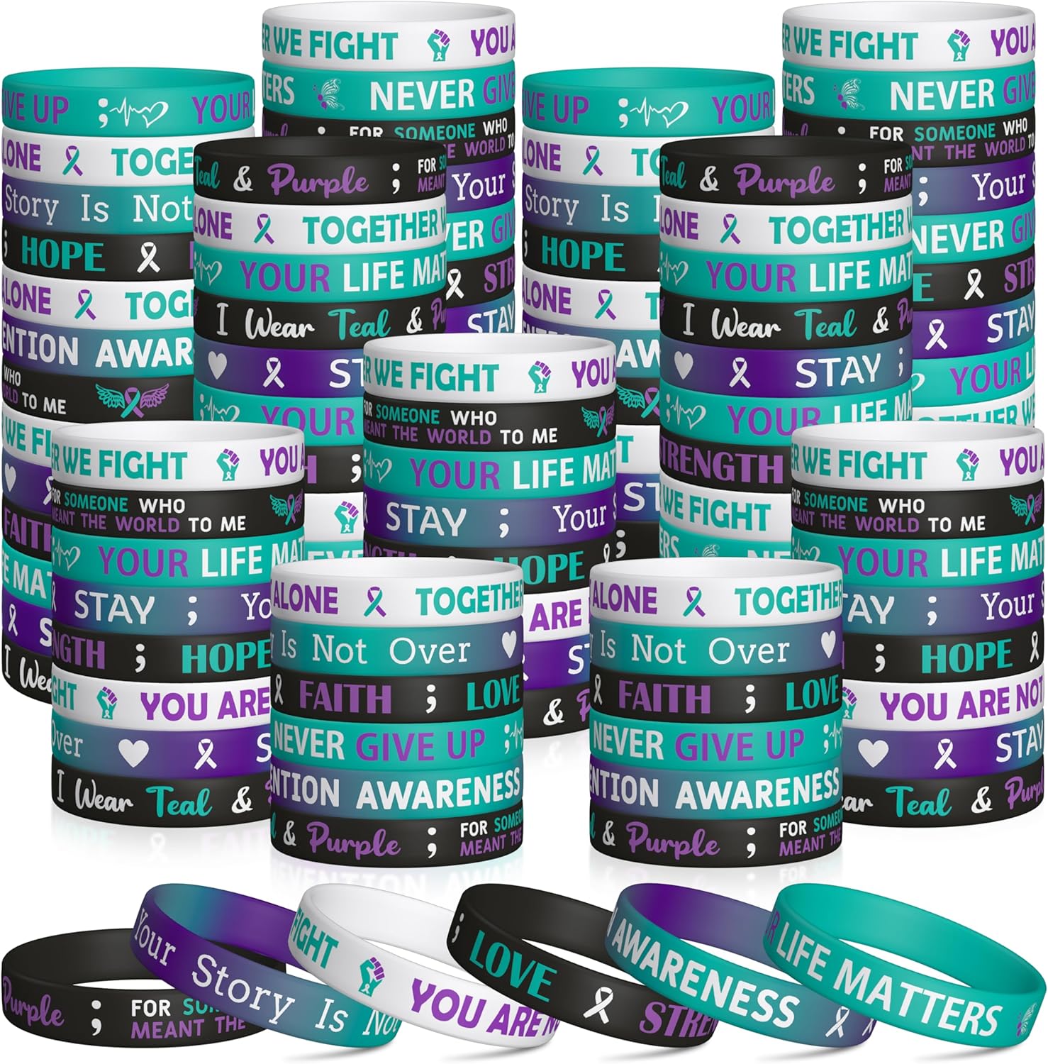 WATINC Suicide Awareness Silicone Bracelets Set, Suicide Prevention Awareness Pieces Ribbons Stretch Wristbands for Teen