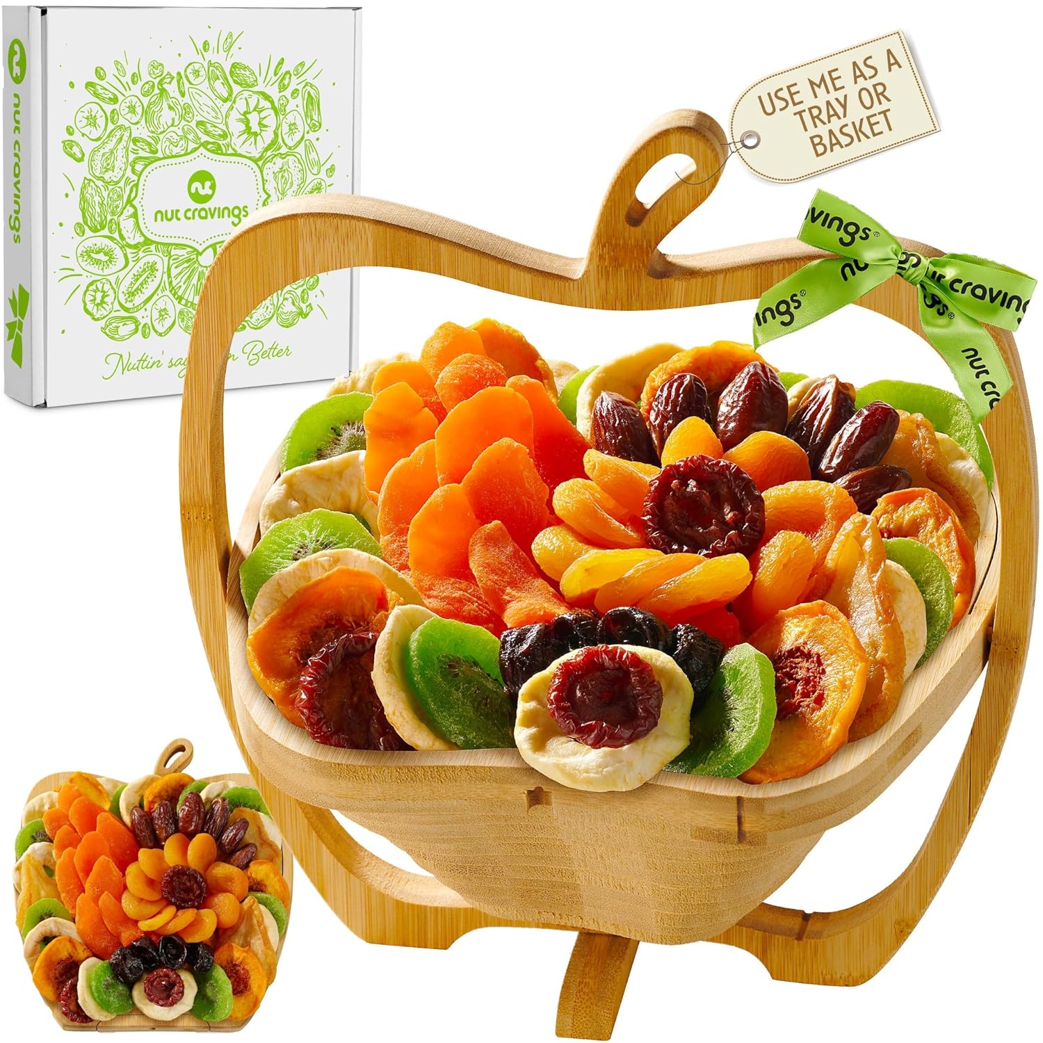 NUT CRAVINGS - Rosh Hashana & Shana Tova Dried Fruit Flower Arrangement in Wooden Apple-Shaped Gift Basket + Tray (9 Assortment) Healthy Snack Care Package, Kosher