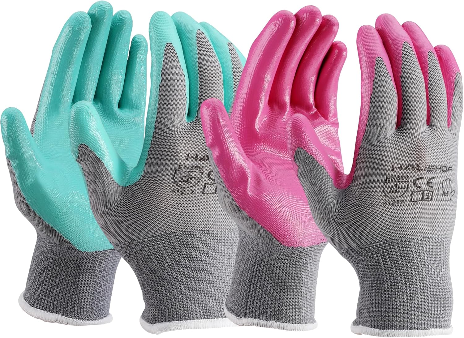 HAUSHOF Gardening Gloves for Women Ladies Thorn Proof 6-Pairs Work Gloves, Women's Breathable Garden Gloves Nitrile Coated with Texture for Yard Work, Pink & Green Large Size