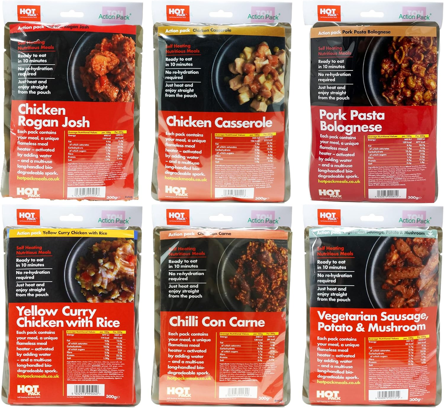 EVAQ8 Self-Heating Meals (Pack of 6) – Pre-Cooked, No Cooking Required | Flame-Less Heater Inside | 300g per Meal ~450 kcal | Outdoor, Emergency & Camping Rations