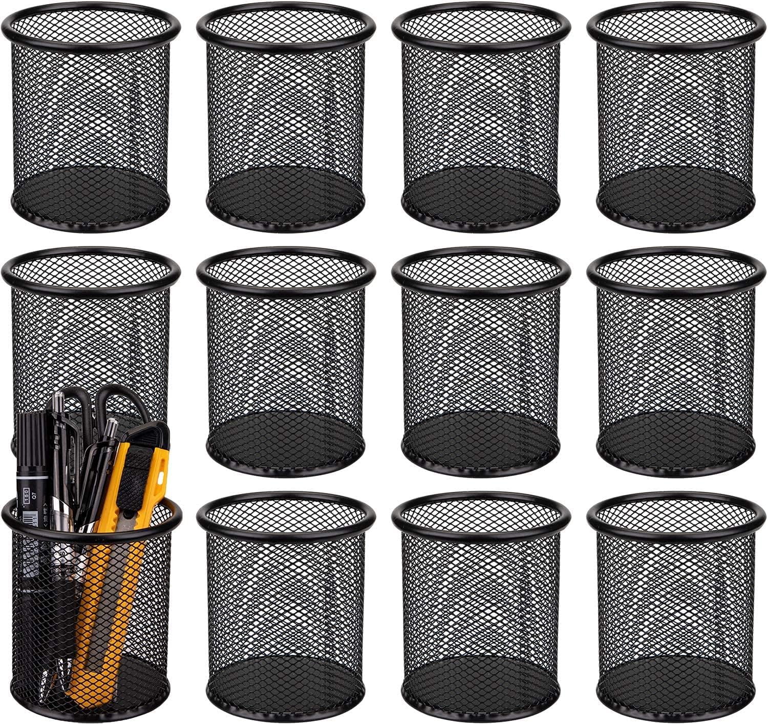 WUWEOT 12 Pack Metal Pen Holder Mesh Pencil Holder Desk Organizer Mesh Round Pen Cup Pencil Cup for Desk Office Pen Organizer, Black
