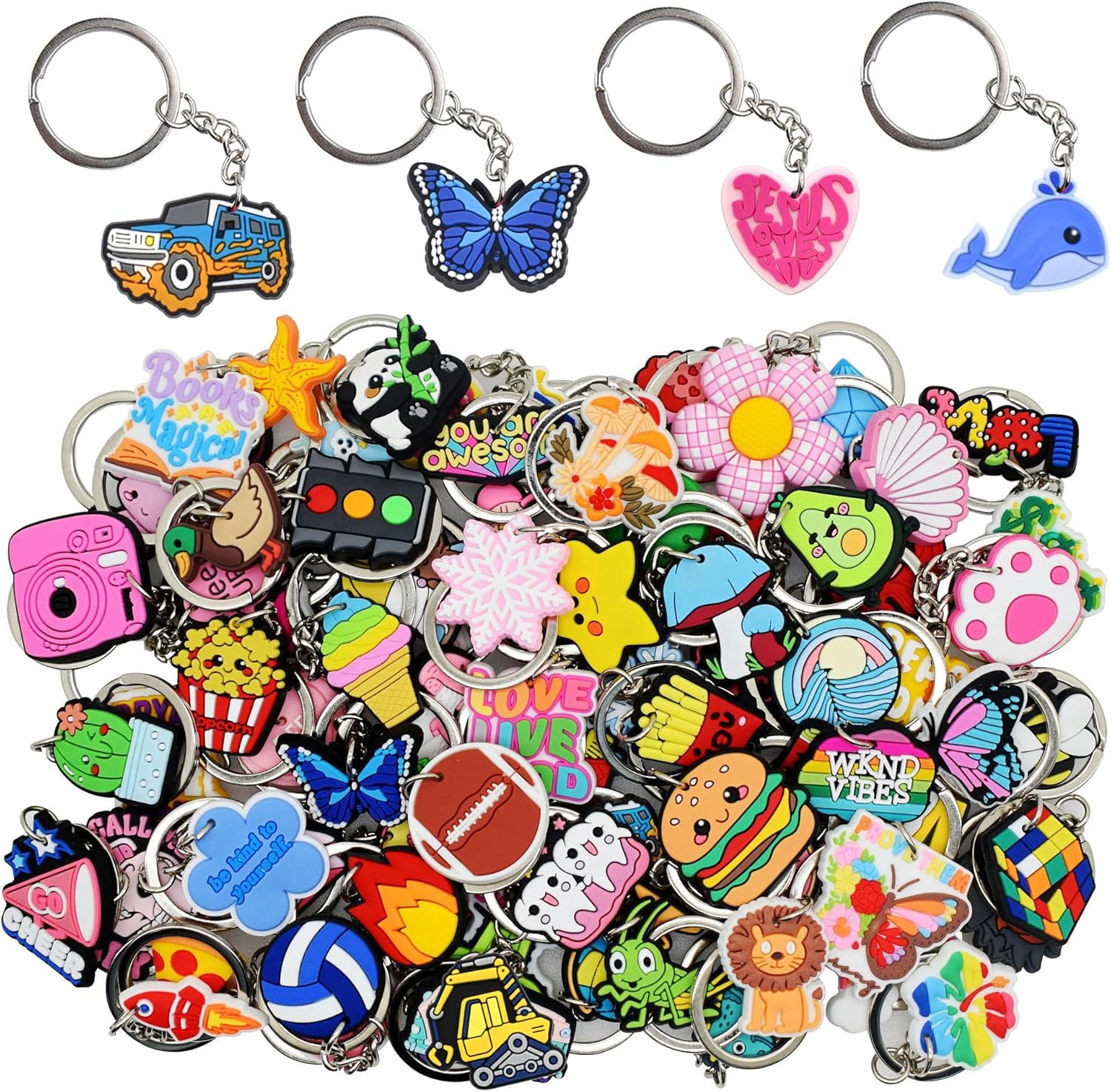 30/50/100/200pcs Random Different Keychains, Lot Mixed Cute Keyring for Classroom Prizes Students Incentives