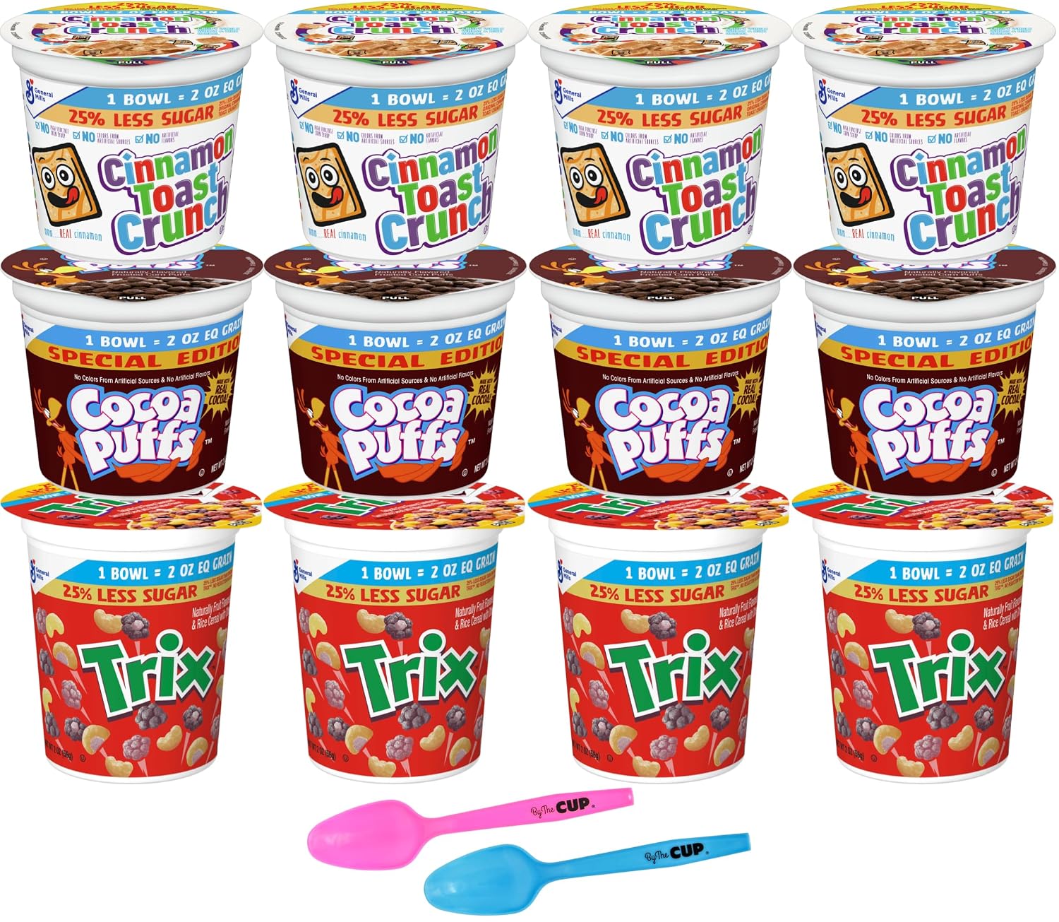 General Mills 25% Less Sugar Cereal Variety, 2 oz Cups (Pack of 12), Cocoa Puffs, Cinnamon Toast Crunch, Trix with By The Cup Mood Spoons