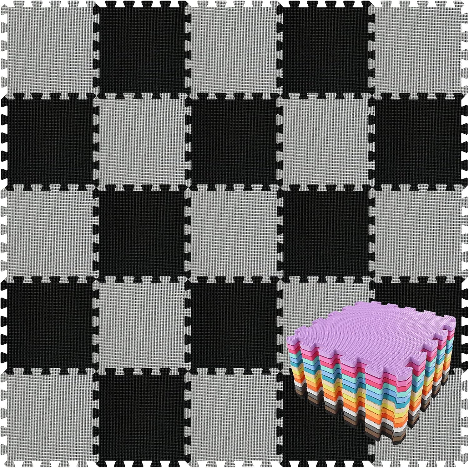 qqpp EVA Rubber 18 Tiles Interlocking Puzzle Foam Floor Mats - Baby Play Mat for Playing | Exercise Mat for Home Workout. Black, Gray. QC-DLb18N