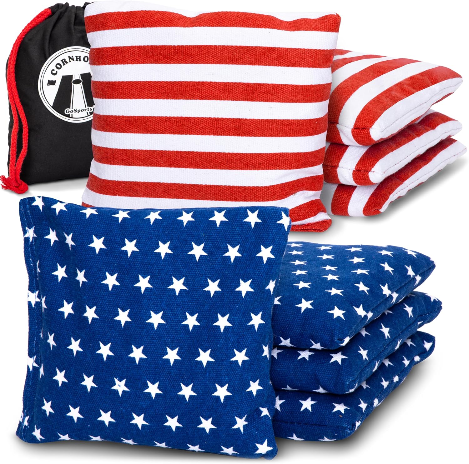 GoSports Official Regulation Cornhole Bean Bags Set of 8 – For Competitive Cornhole Games - All Weather - American Stars and Stripes or Red and Blue