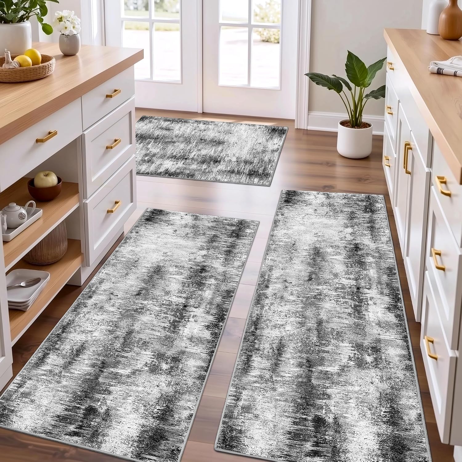 Upgrade Non Slip Kitchen Rugs Sets of 3 Washable Kitchen Mats for Floor Abstract Kitchen Runner Rug Ultra Soft Floor Mat Set Kitchen Carpet Rugs for Hallway, Laundry, Entryway, Office, Grey