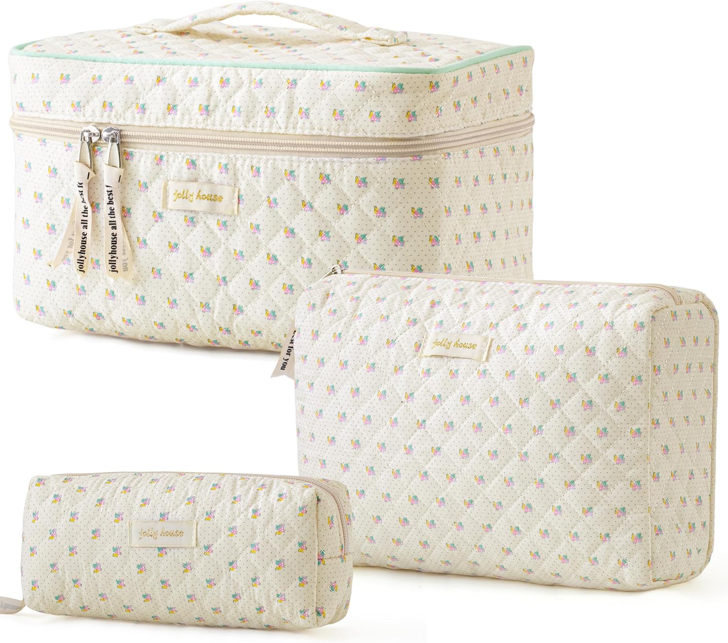 HBselect Quilted Makeup Bag, 3PCS Cotton Large Travel Makeup Bag, Cute Floral Coquette Make up Bag Cosmetic Bag Toiletry Bag for Women Girls