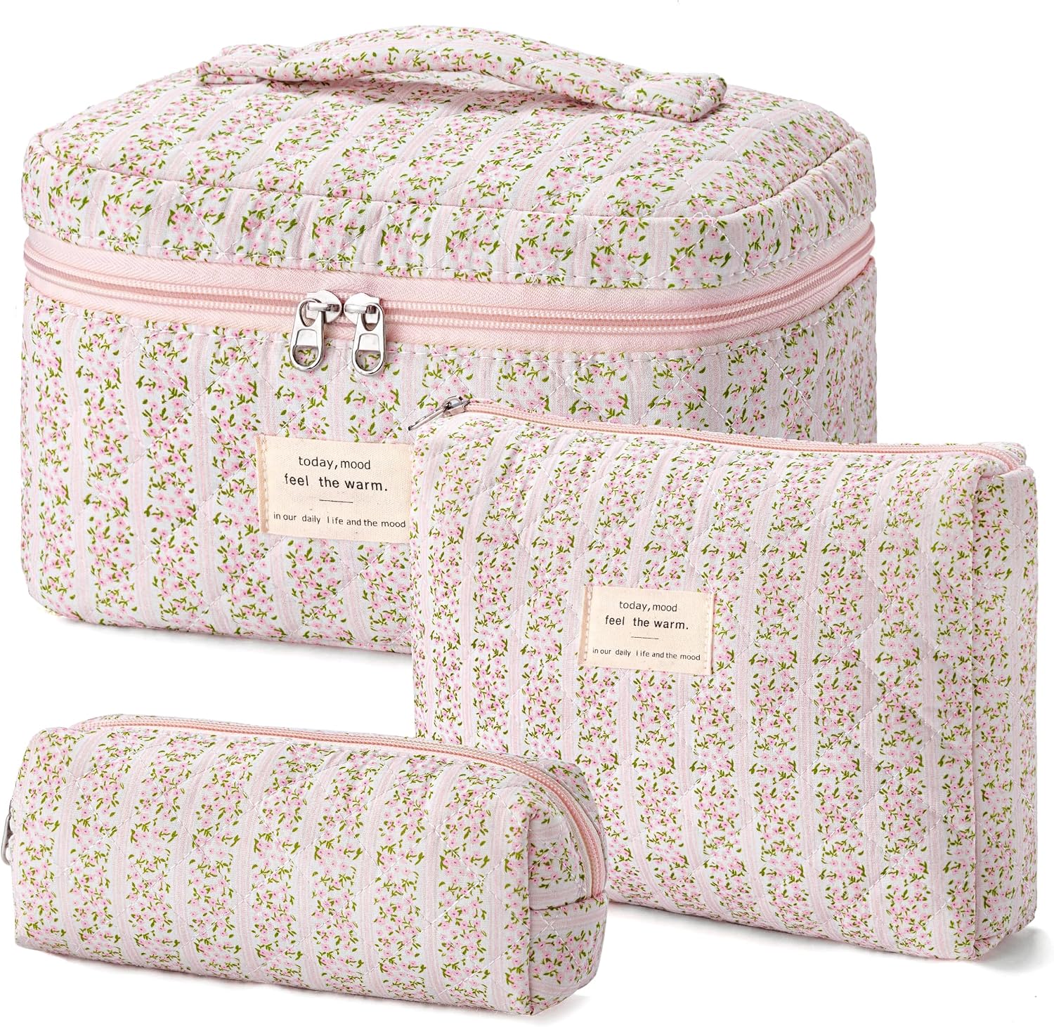 HBselect Quilted Makeup Bag, 3Pcs Cotton Large Travel Makeup Bags Organizer
