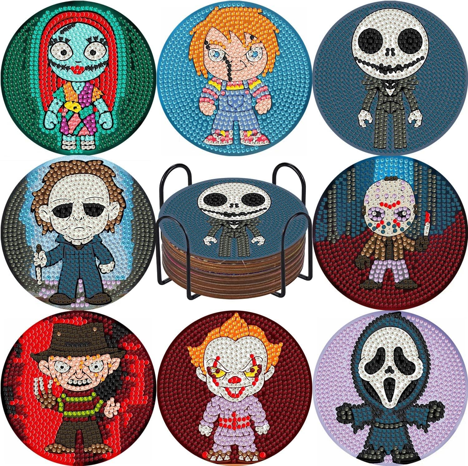 BEAYIOU 8Pcs Diamond Painting Coasters with Holder,DIY Halloween Life Coaster Diamond Art Kits for Adults Kids,Beginners Round Full Drill Diamond Art Craft Supplies