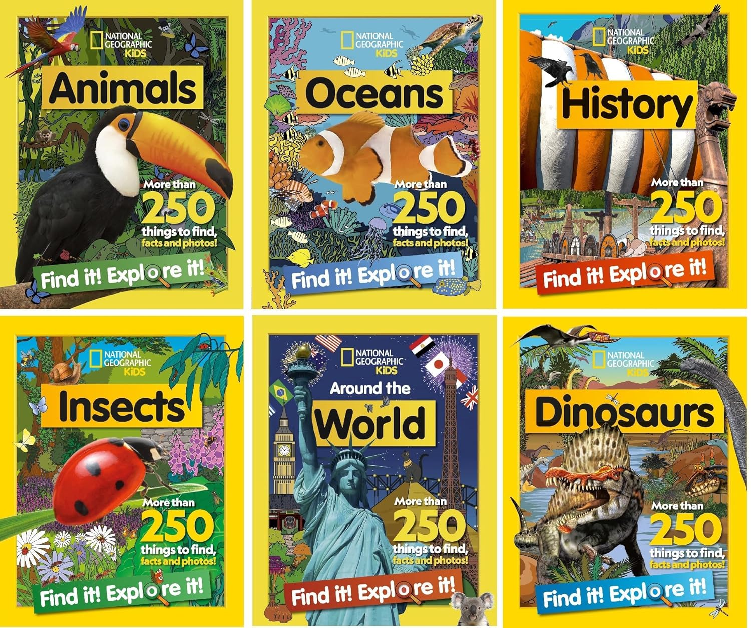 National Geographic Kids Find it! Explore it! 6 Books Collection Set(Animals, Oceans, History, Insects, Around the World & Dinosaurs) ( More Than 250 Things to find,Facts and Photos!)