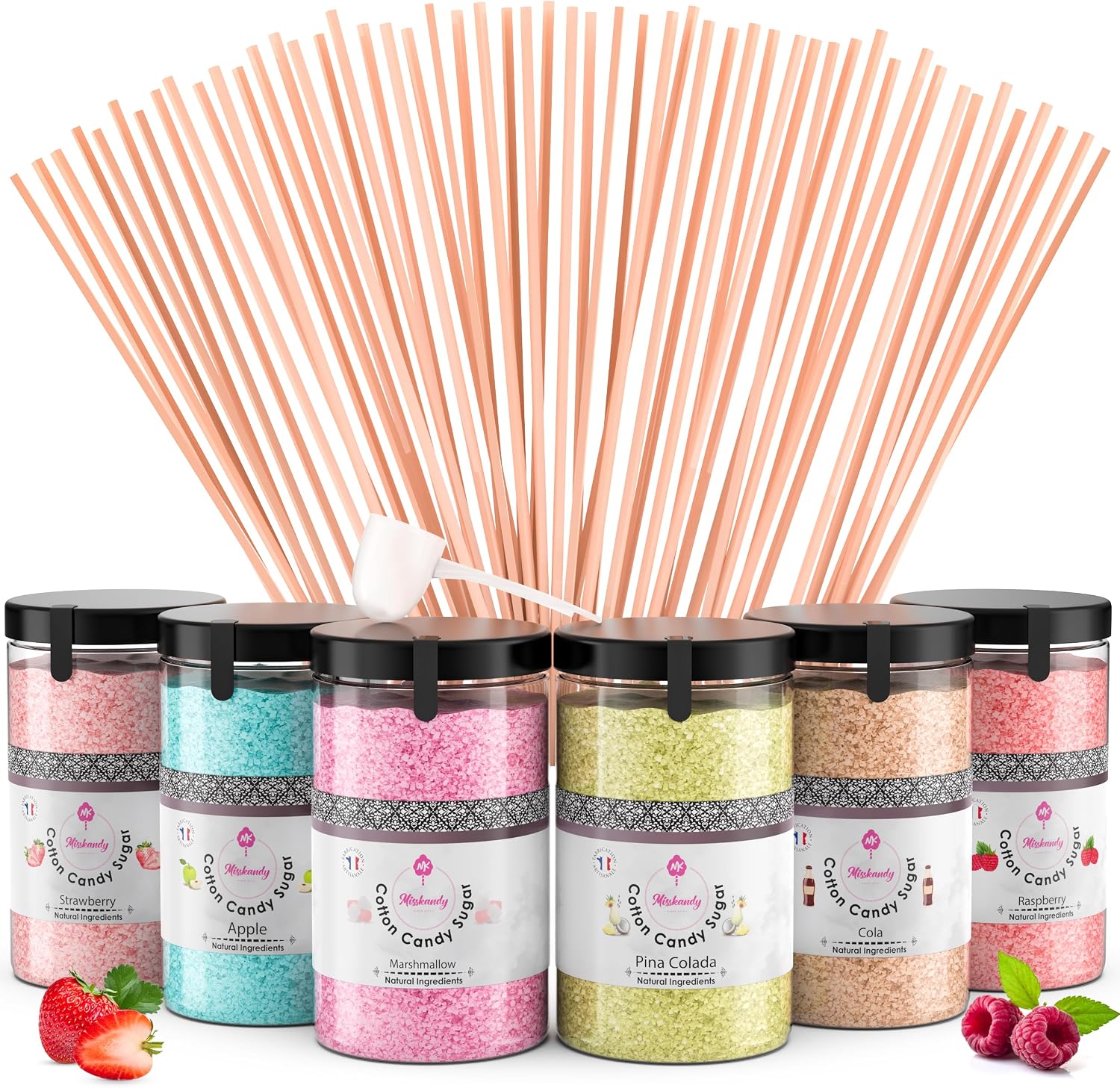 Misskandy®-Candy Floss Sugar Pack (6 * 300g) (Strawberry, Pina colada, Marshmallow, Raspberry, cola, apple) Use in Cotton Candy Maker + 50 Sticks of 30 cm (free)
