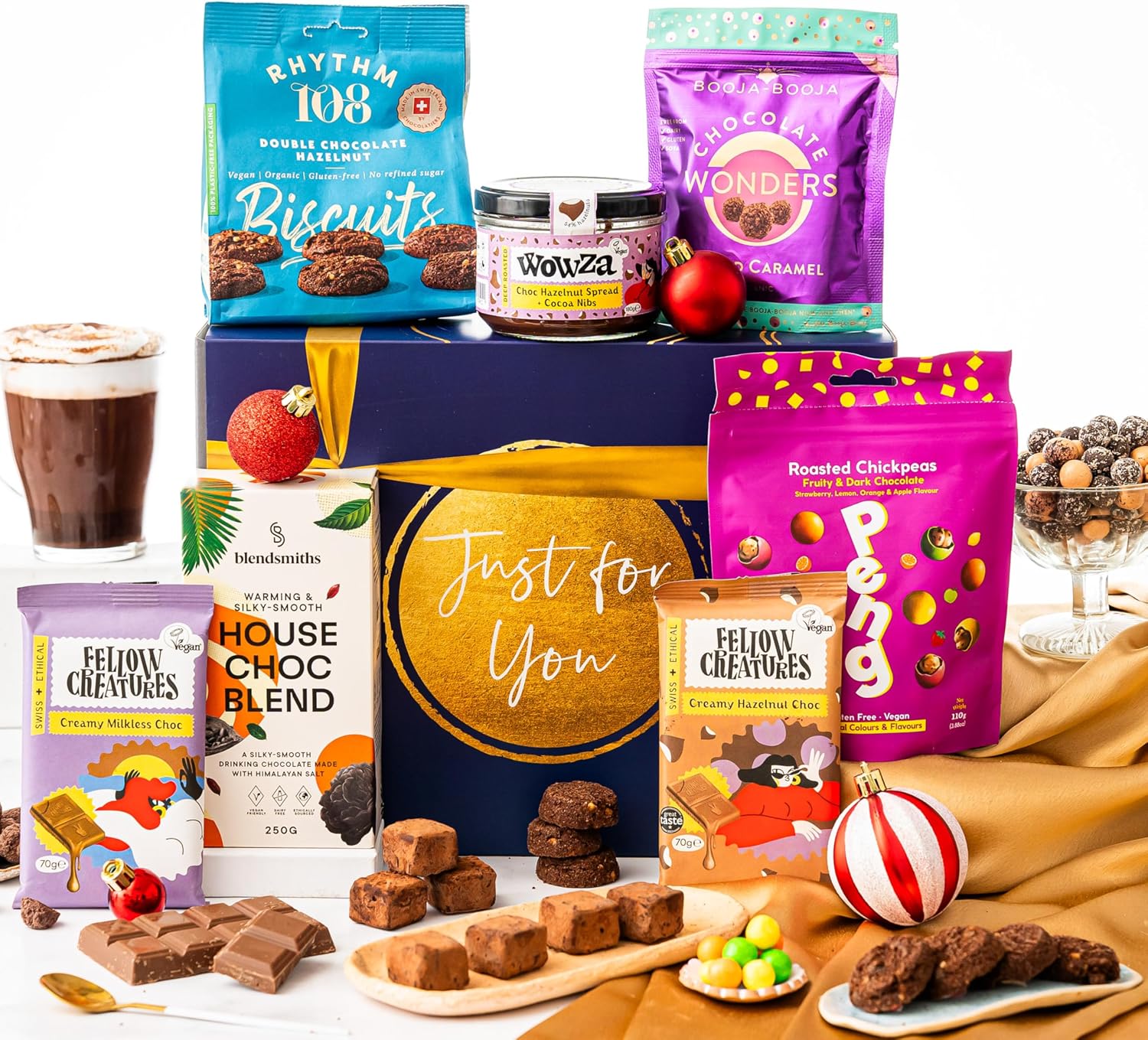 Just Because Hot Chocolate Gift Hamper Basket, Luxury Gourmet Gifts for Women, Men or Couples, Dairy Free, Gluten Free and Vegan Chocolate by EDEN Treats