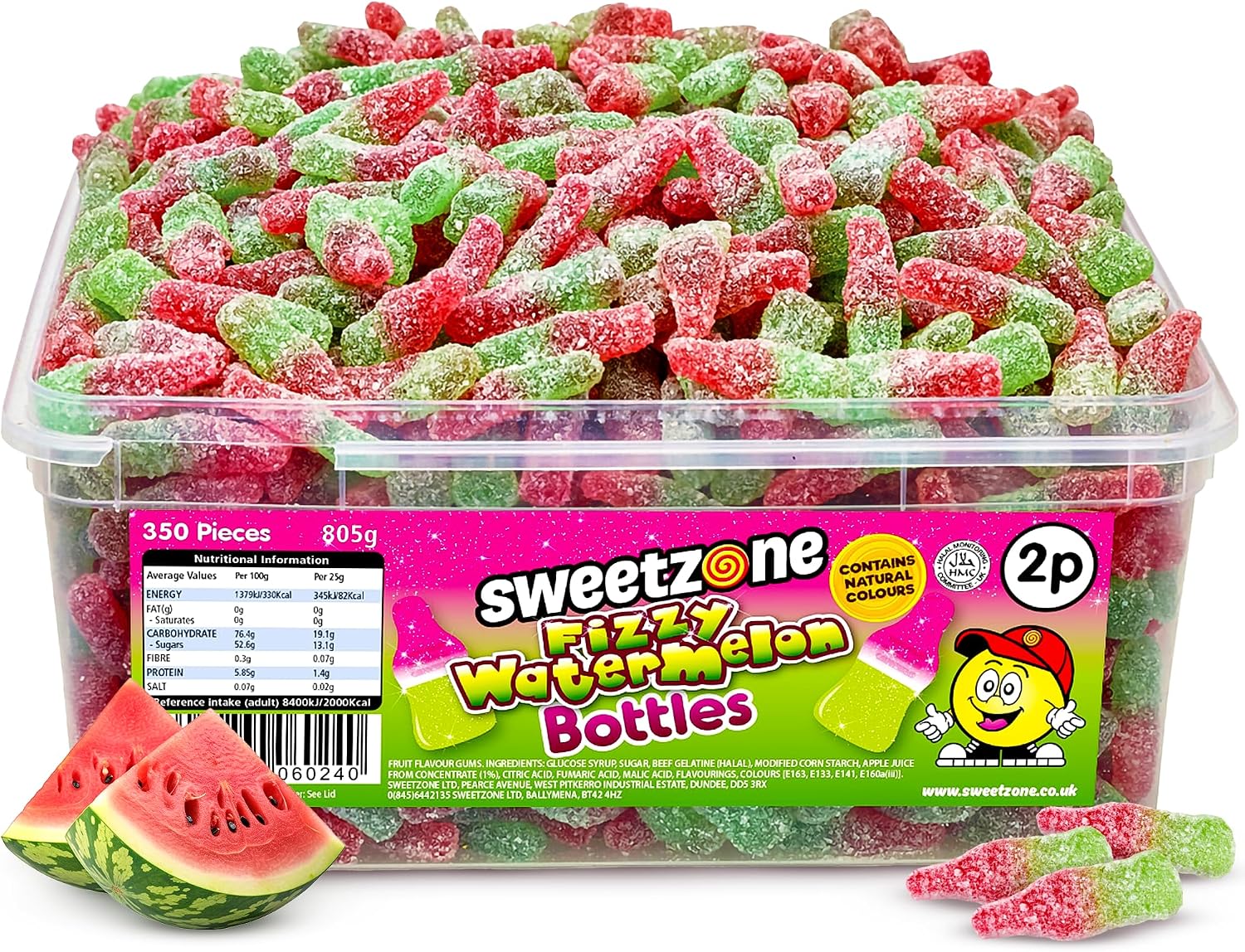 Sweetzone Fizzy Watermelon Bottles 805 g, 350 Pcs Sweets Tub, Halal Sweets, Sour Sweets, Gummy Candy, Jelly Sweets, Gummies Candy, Fizzy Sweets, Tubs of Sweets for Retro Sweets for Your Sweet Tooth