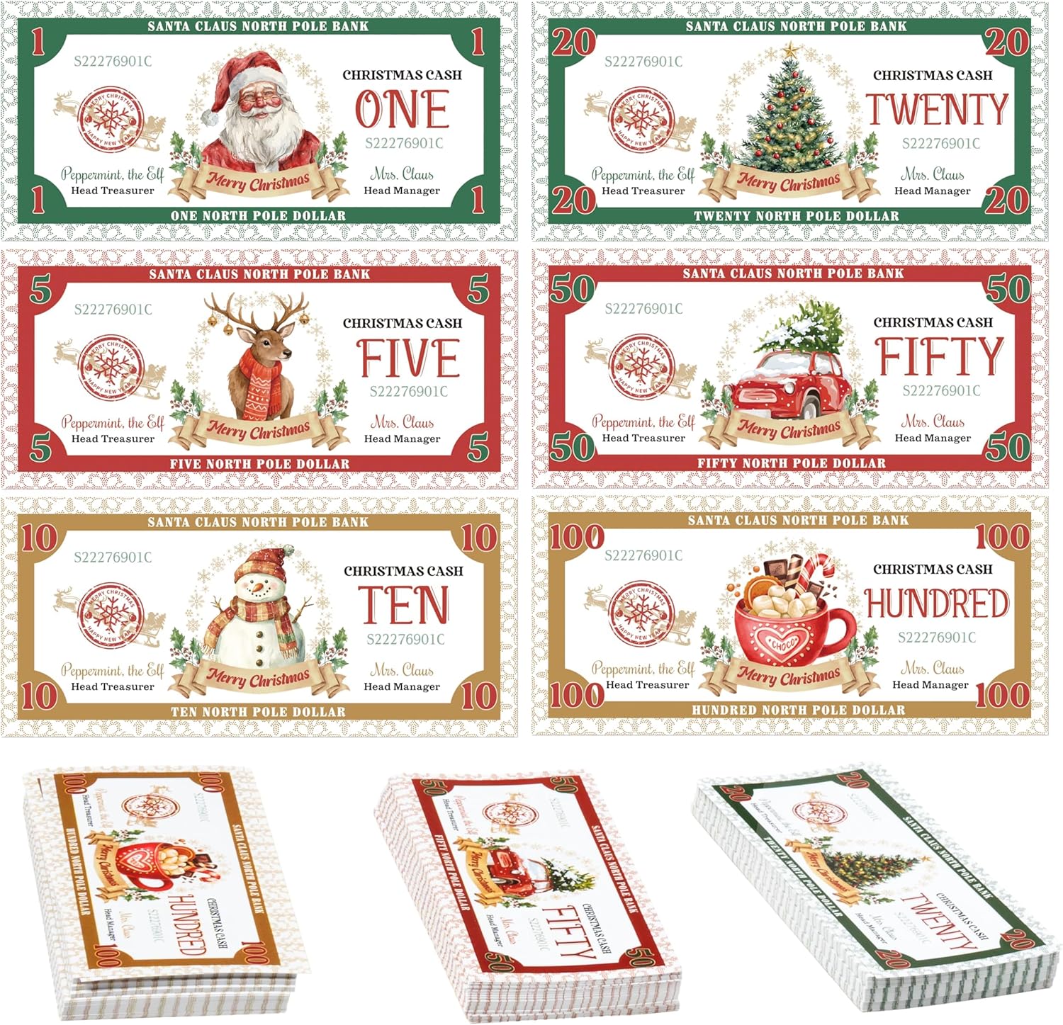 COcnny Christmas Play Bucks for Game - 600pcs North Pole Paper Money for Pretend Play Cashier, Santa Claus Winter Theme Fake Bucks for Refill Packs School Educational Home Reward Prop Supplies