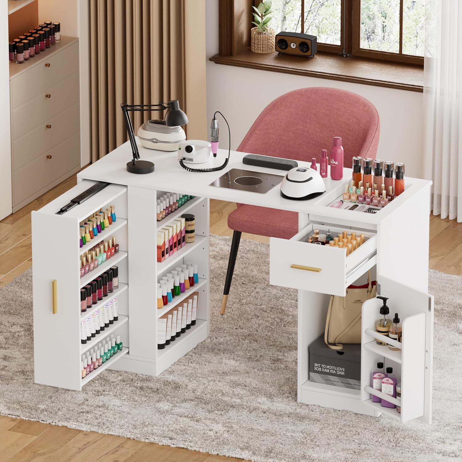 Manicure Table, Nail Tech Desk with Dust Collector, Nail Salon Table Station with Dust Bags, Beauty Salon Nail Supplies Workstation with Drawers Storage Cabinets, White Leather Pad w/Diamonds