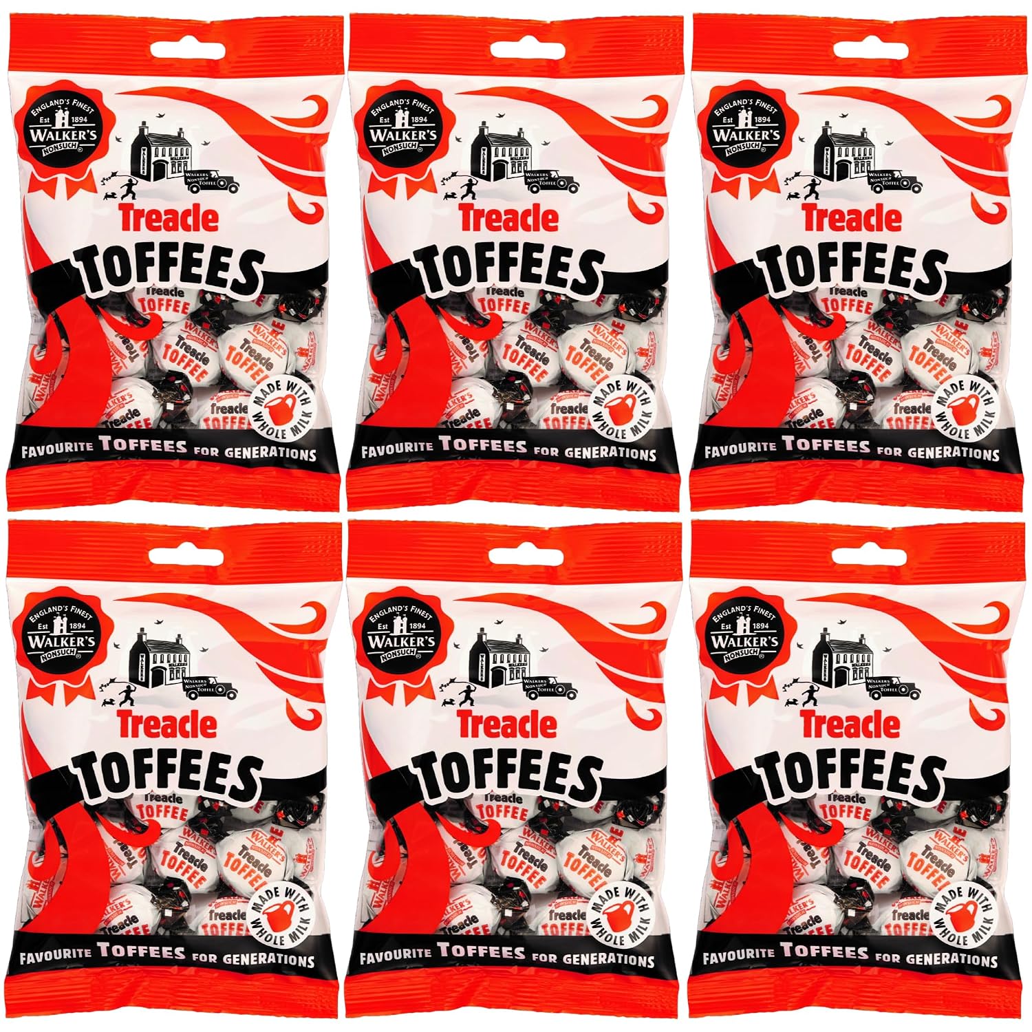 Walkers Nonsuch Treacle Toffees Bag 5.29 oz (Pack of 6) - Chewy Black Treacle English Toffee Candy, Traditional English Sweets, Gluten Free British Butter Candy, Imported from UK
