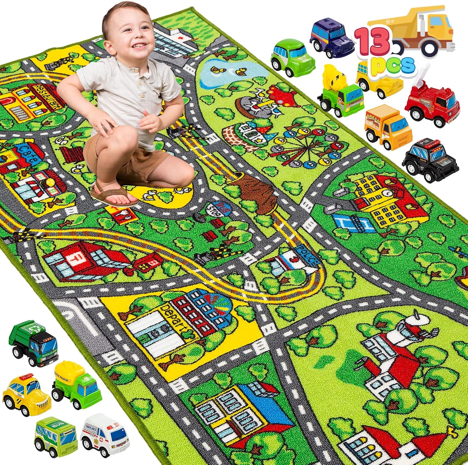 JOYIN City Playmat Rug Toy for Kids Age 3 4 5 6 7 8+ with 12 Pull-Back Cars,Jumbo Room Carpet Gift Set - Pretend Play Vehicle Toy,Interactive Floor Mat Craft Activity