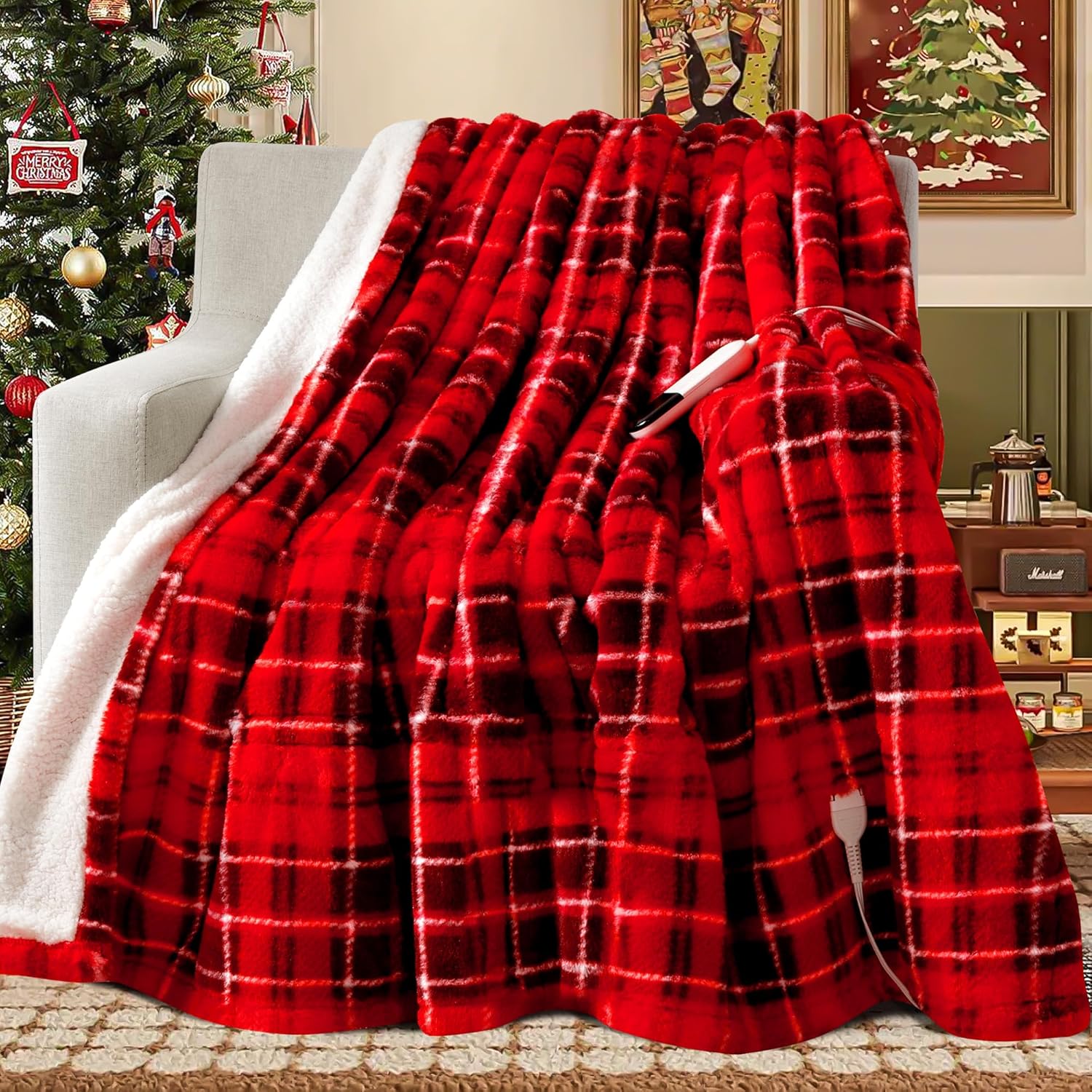 MAXEVE Faux Fur Electric Heated Blanket for Couch,Sofa, Sherpa Heating Blanket with 8 Heating Levels & 8 Hours Auto Off, Over-Heat Protection,ETL Certified,Christmas Buffalo Plaid Heated Blanket