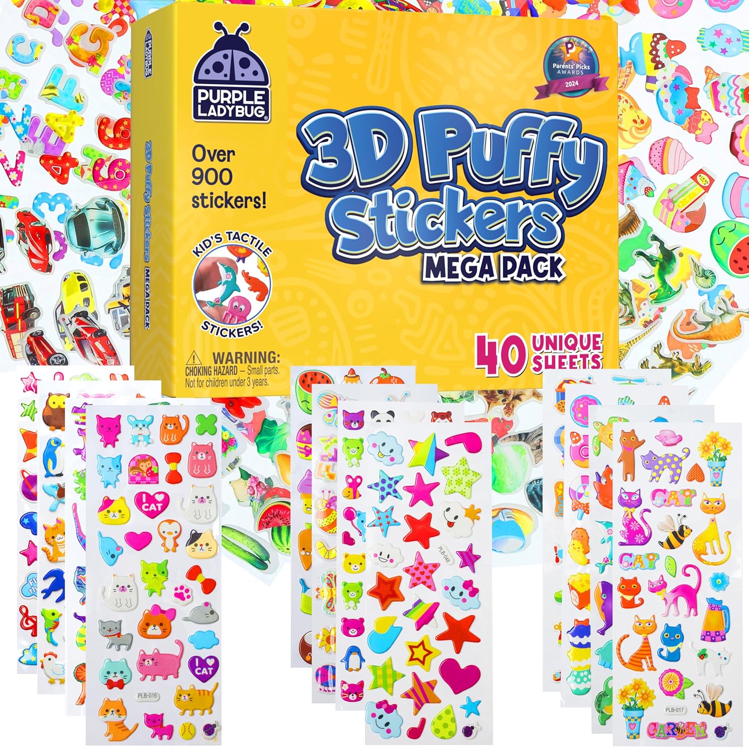 Purple Ladybug 900+ PCS Assorted 3D Stickers for Kids - Back to School Supplies - 40 Sheets of Fun Craft and Reward Stickers Featuring Stars, Animals, Cars & More - Travel Activity & Scrapbooking