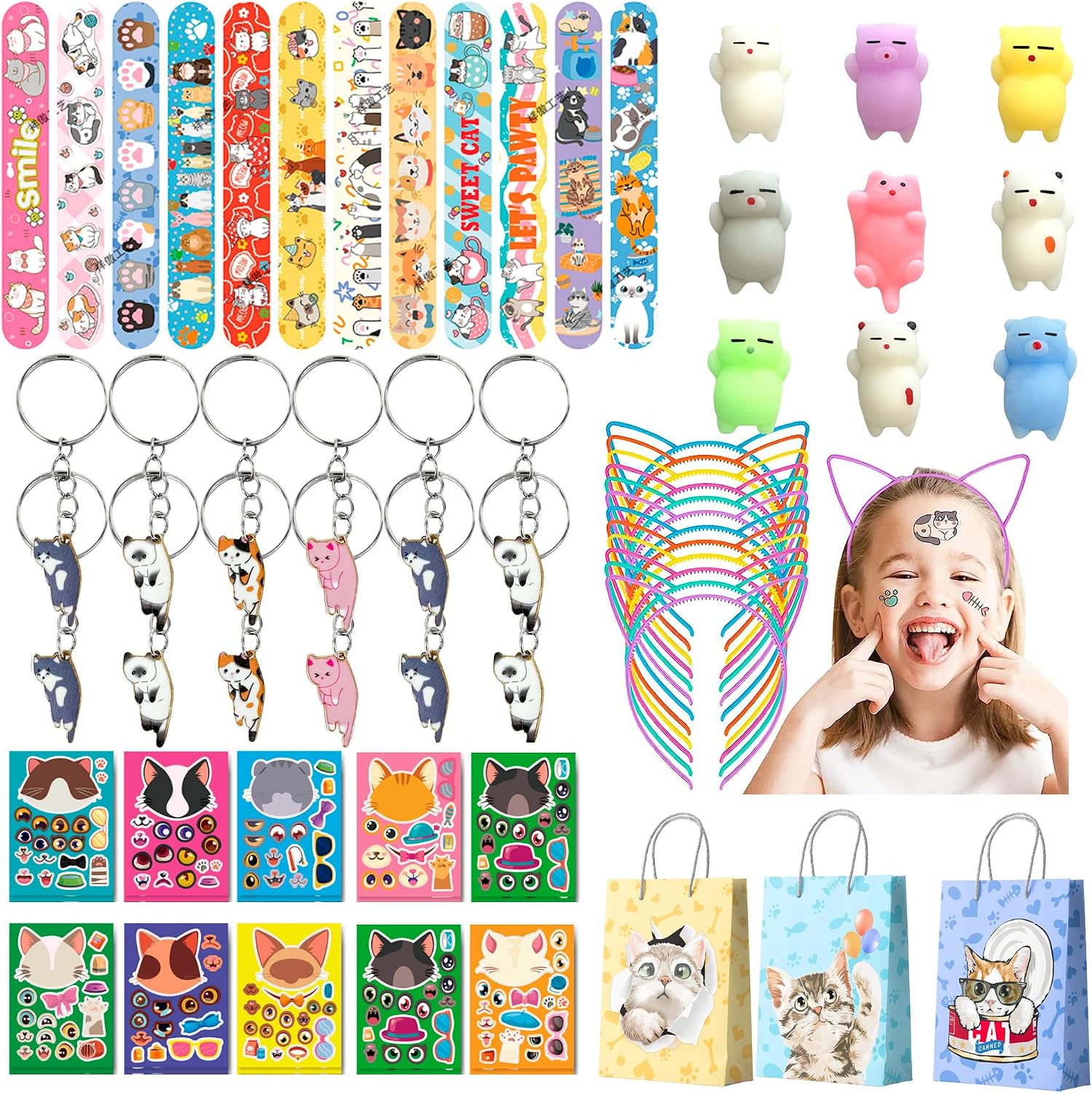 Kaxulvoblig Generic Cat Party Favors, 72 Pcs Cat Themed Party Favors - Cat Party Bags Headband Stickers Keychains & Cat Slap Bracelets etc Supplies for Cat Theme Birthday