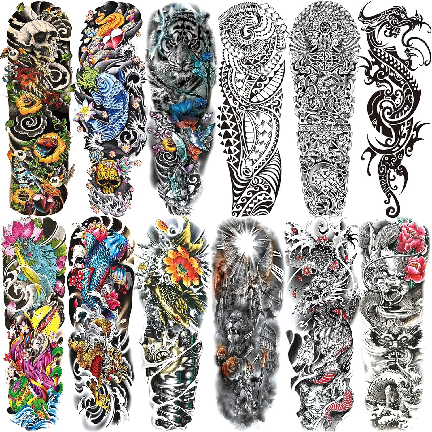 Aresvns Halloween Temporary Sleeve Tattoo for Men and Women (L19“xW7”),Waterproof Japanese Military Fake Tattoos Long lasting,Full Arm Totem Temporary Tattoos for BBQ Pool Beach Party
