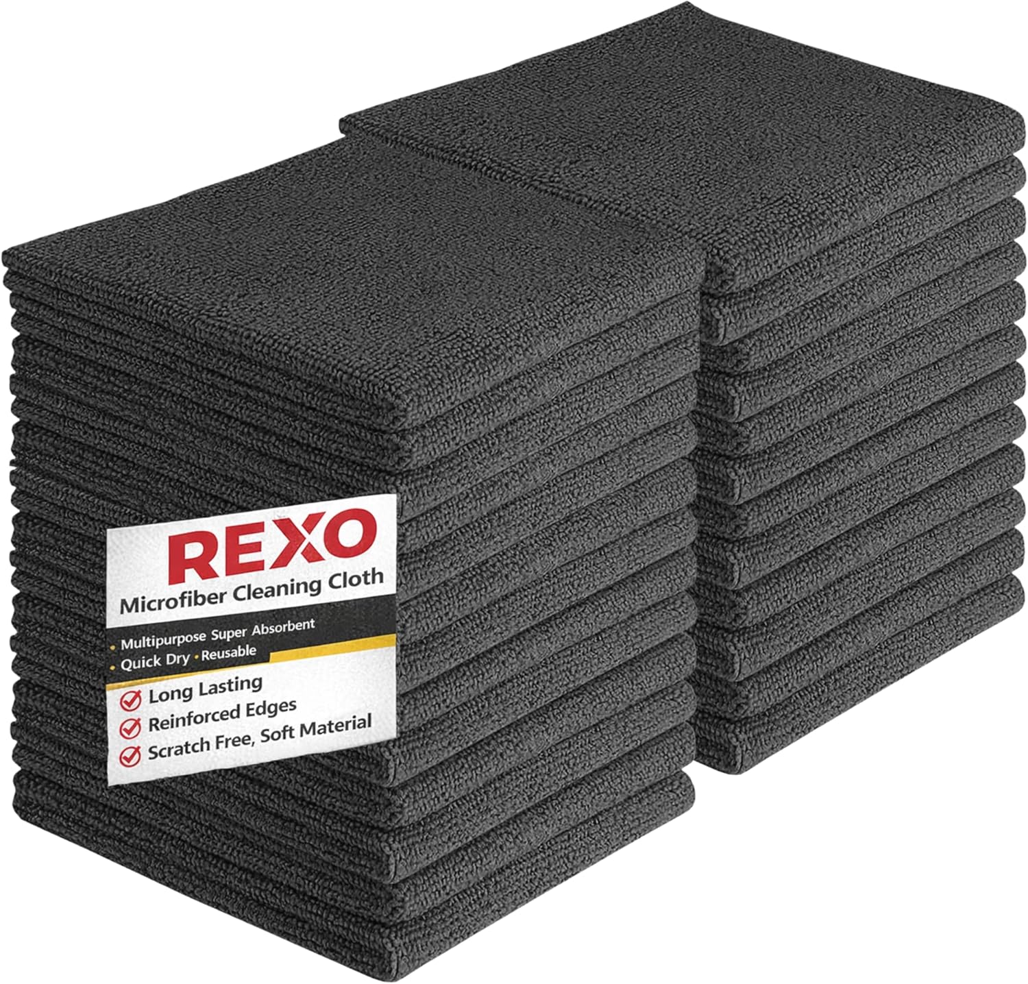REXO - Microfibre Cloth 30x30cm Pack Of 25 Lint Free And Streak Free Cleaning Cloths Wipes For Home Furniture Polish, Kitchen, Car Cleaning, Bathroom, Window, Glass, Mirror And More (Black)