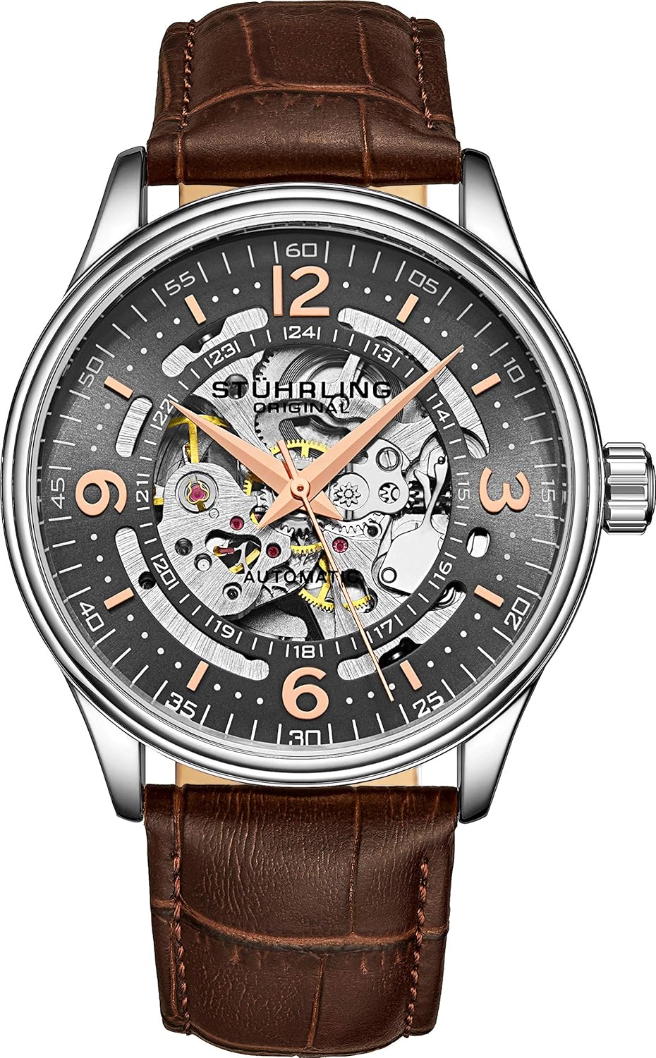 Stuhrling Original Men's Automatic Skeleton Dress Watch Genuine Leather Band with self Winding Mechanical Movement (Rose Gold)