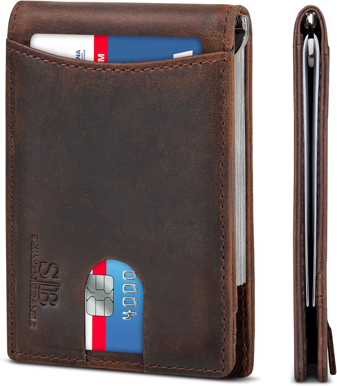 SERMAN BRANDS RFID Blocking Slim Bifold Genuine Leather Minimalist Front Pocket Wallets for Men with Money Clip Thin Mens