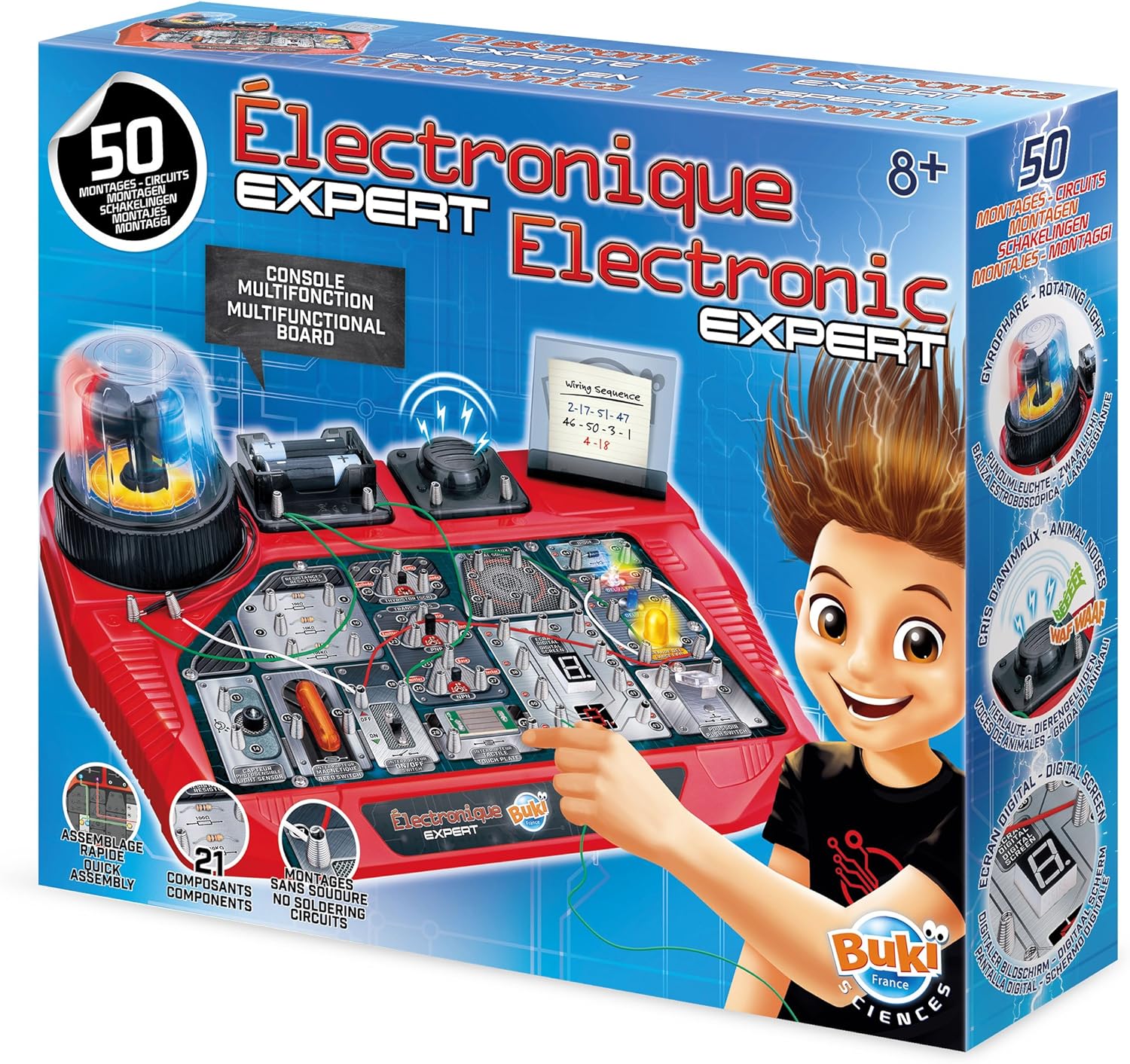 Buki France 7160 Electronic Expert. Children's Electric Circuit Experiments. STEM Toy with 50 Experiments. Includes resistors, diodes, switches, rotating lights, LEDs and more. Science Kit for kids 8+