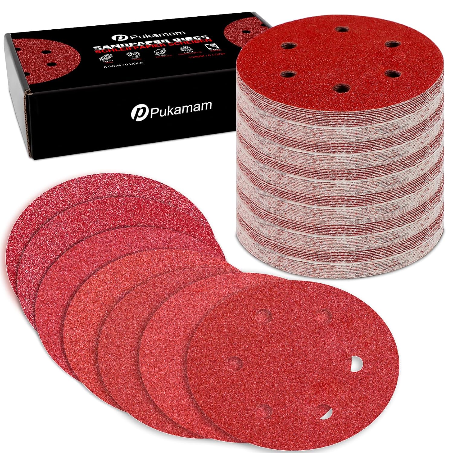 105 Pcs 6 inch Sanding Discs 60 80 120 180 240 320 400 Grit 6 Hole Hook and Loop Round Sandpaper for Random Orbital Sander