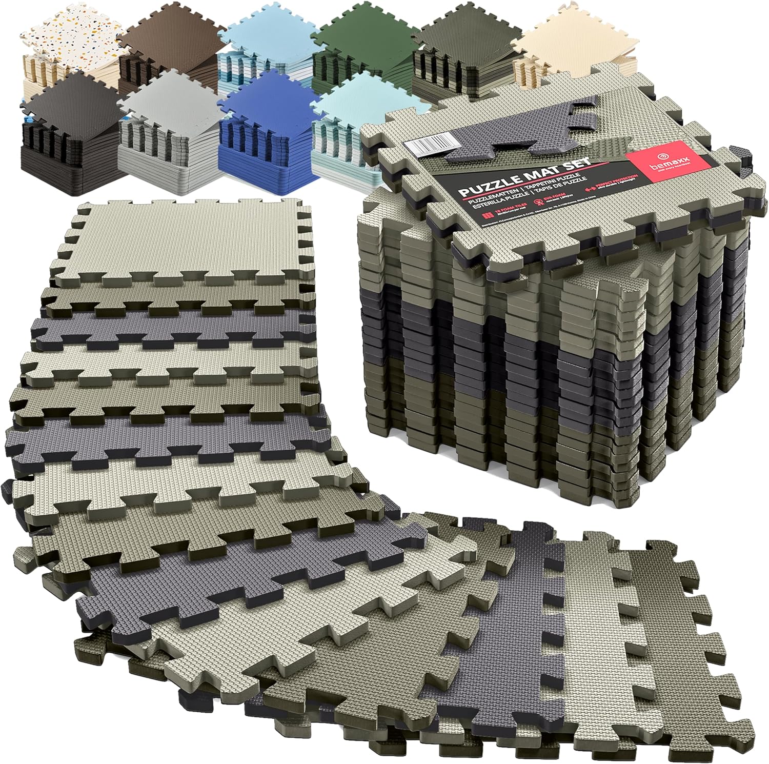 bemaxx Interlocking Soft Foam Floor Mat - Protective Gym Flooring Set, Exercise Mats EVA Puzzle Tiles, Ground Protection Workout Sports Pool Home Fitness - Camouflage Trio 18 Pieces 32L x 32W x 1Th cm