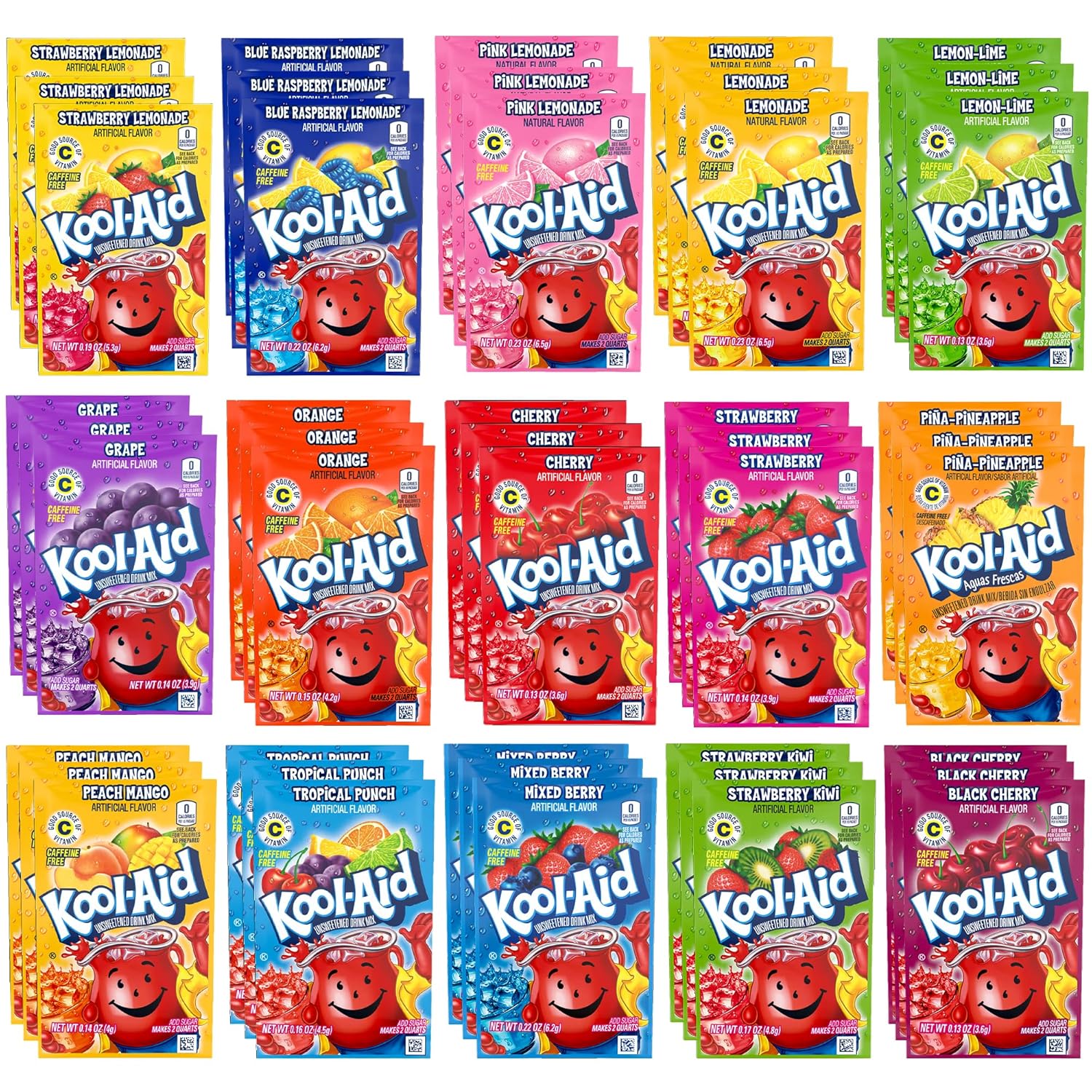 Classic Drink Mix Packets Variety 45 Pack- Includes 3 Mix Packets Each of 15 Flavors- Cherry, Lemonade, Orange, Tropical Punch, Black Cherry, Peach Mango, Pink Lemonade, Strawberry Kiwi, and More