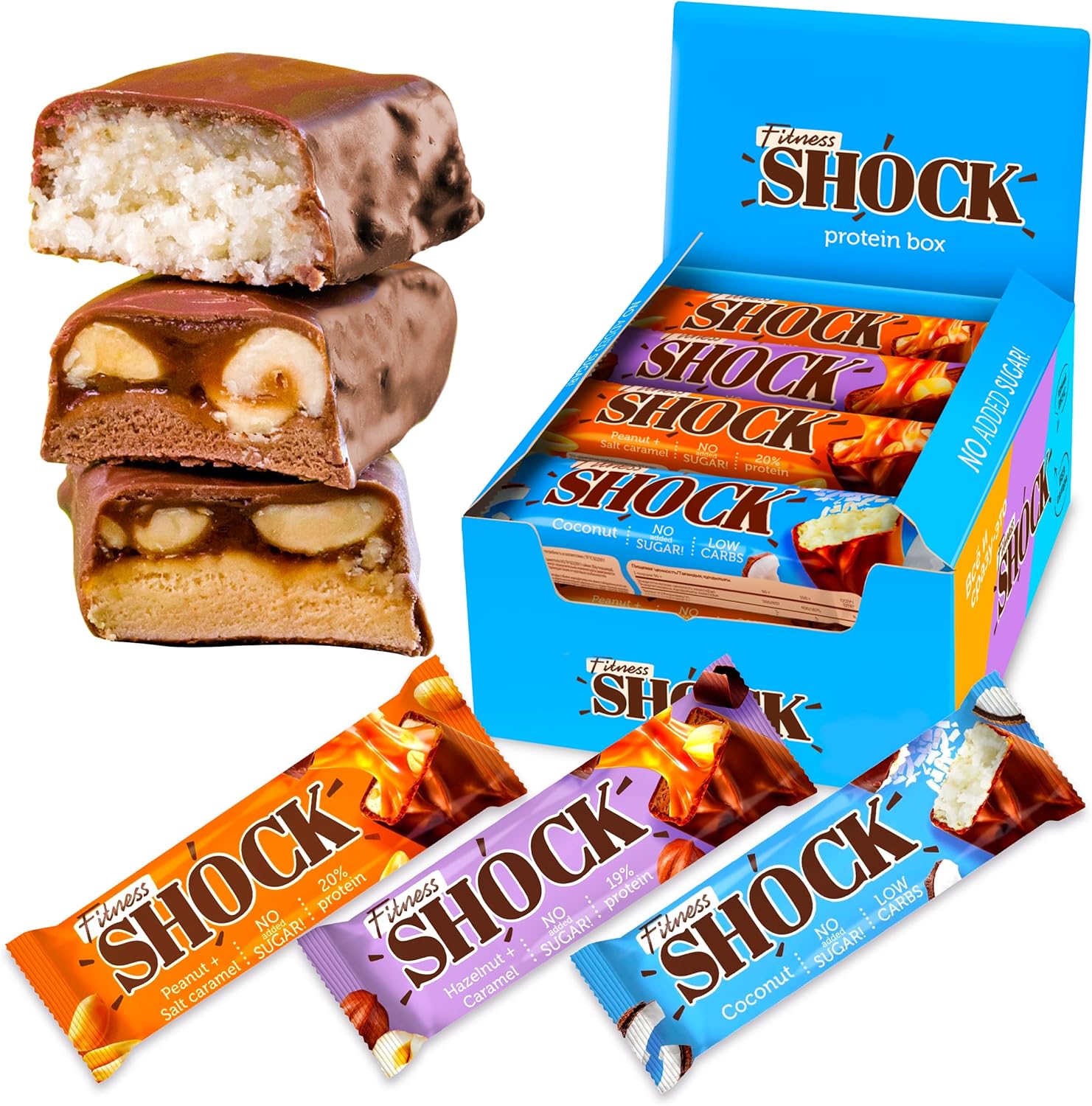 FitnesSHOCK Protein Bar 12pcs no added sugar, 20% protein, low carb (3,5g), rich in fibre, low calorie, 12-pack fitness chocolate bars mix box, palm oil free 12x50g