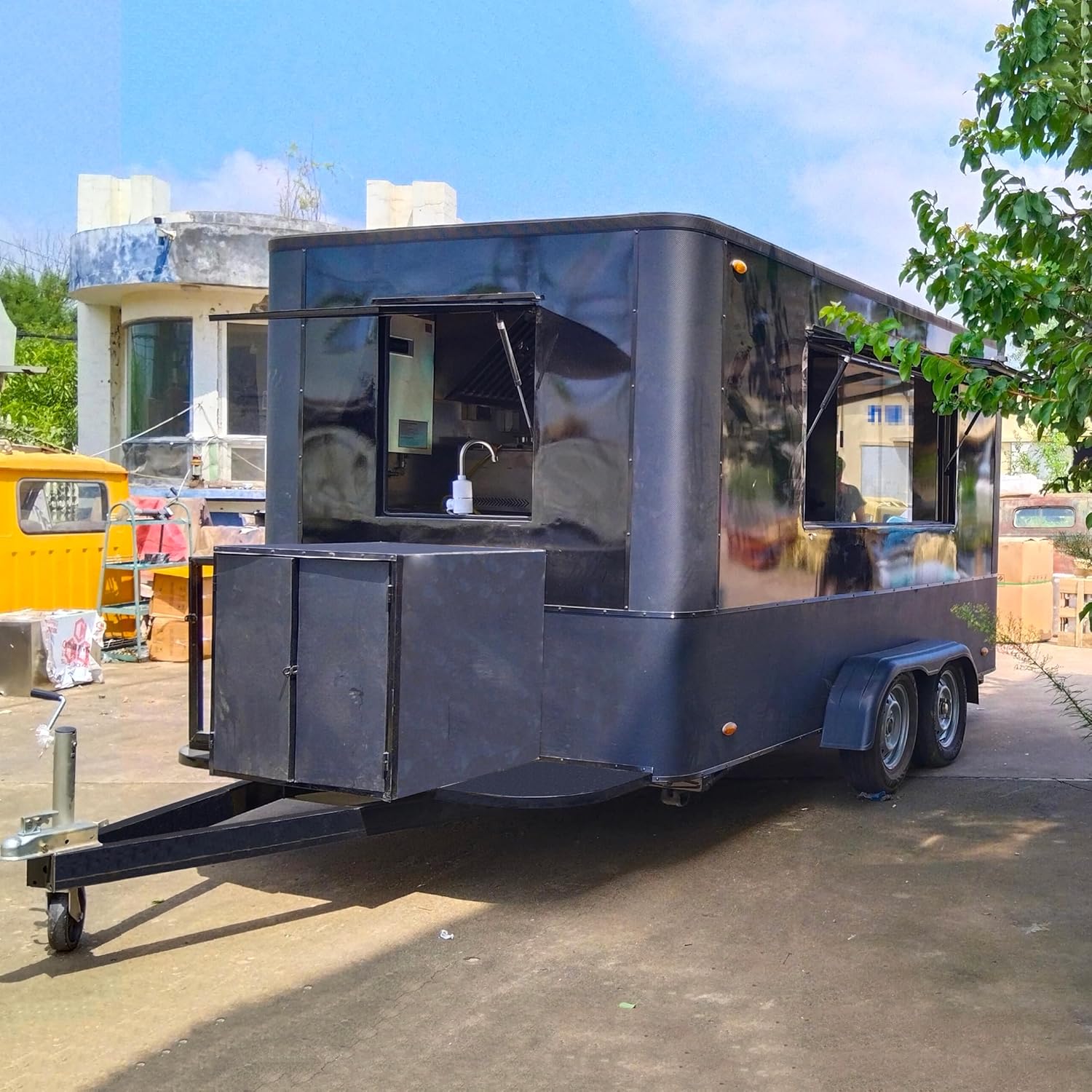 13FT Black Trailer, Black Car Hauler Mobile Street Food Trailer with Concession Window, Outdoor Food Truck Near Me, Enclosed Food Trailer for Sale Donut BBQ &Taco Food Vending Cart
